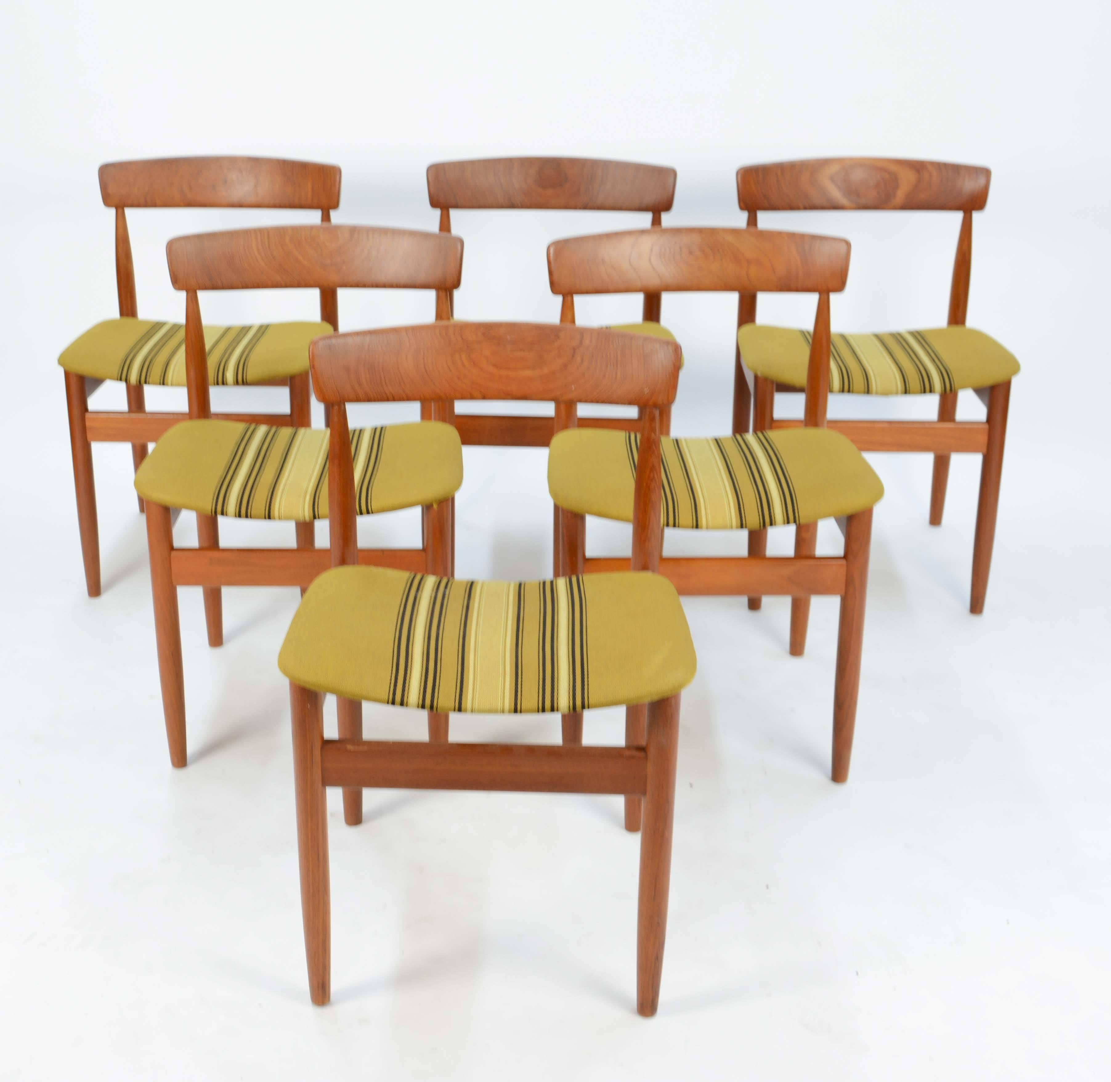 A set of six Hans Olsen teak dining chair with Danish stripped wool seats, 1966.