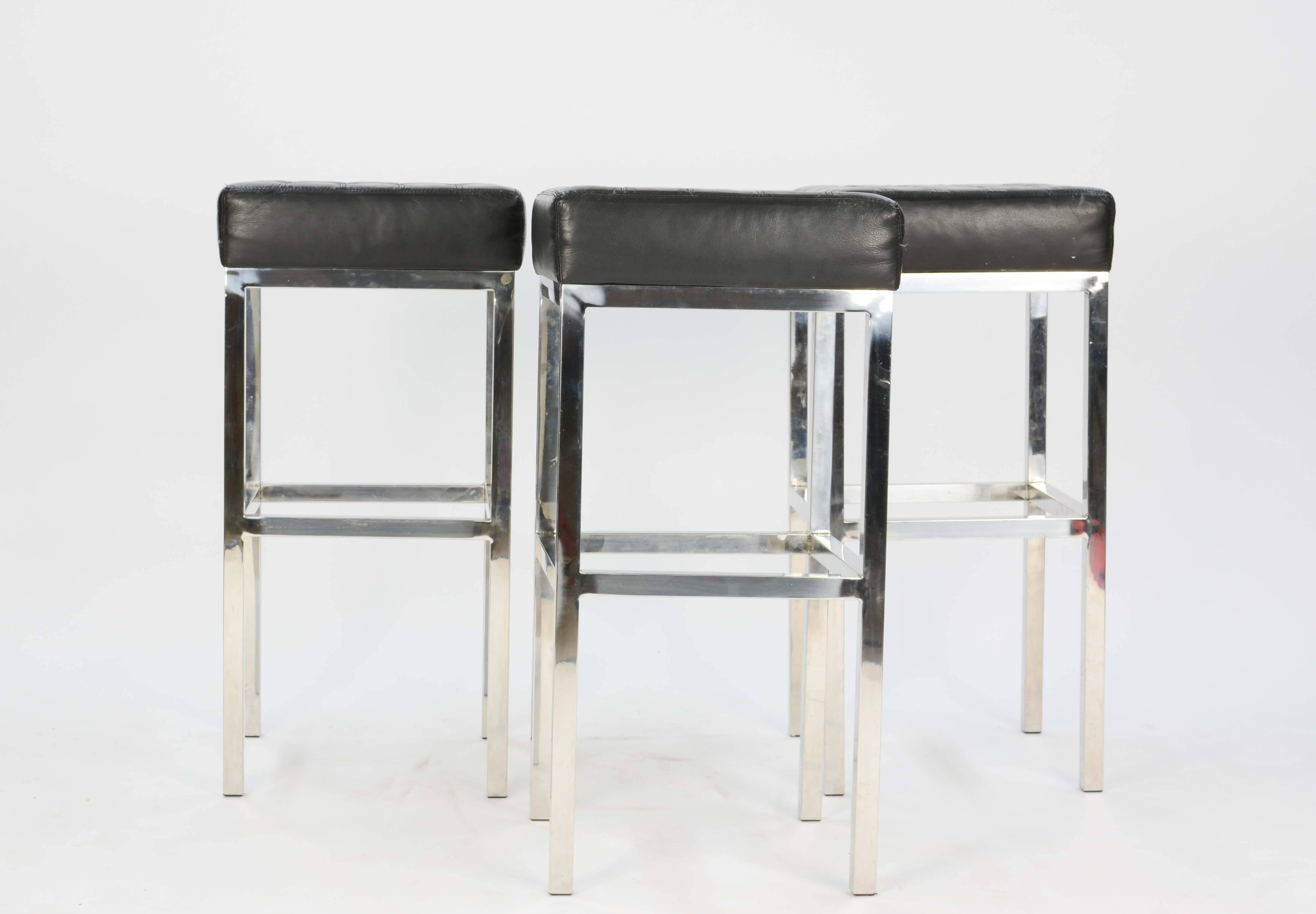 Mid-Century Modern Trio of Tuffed Chrome and Leather Stools after Ludwig Mies van der Rohe