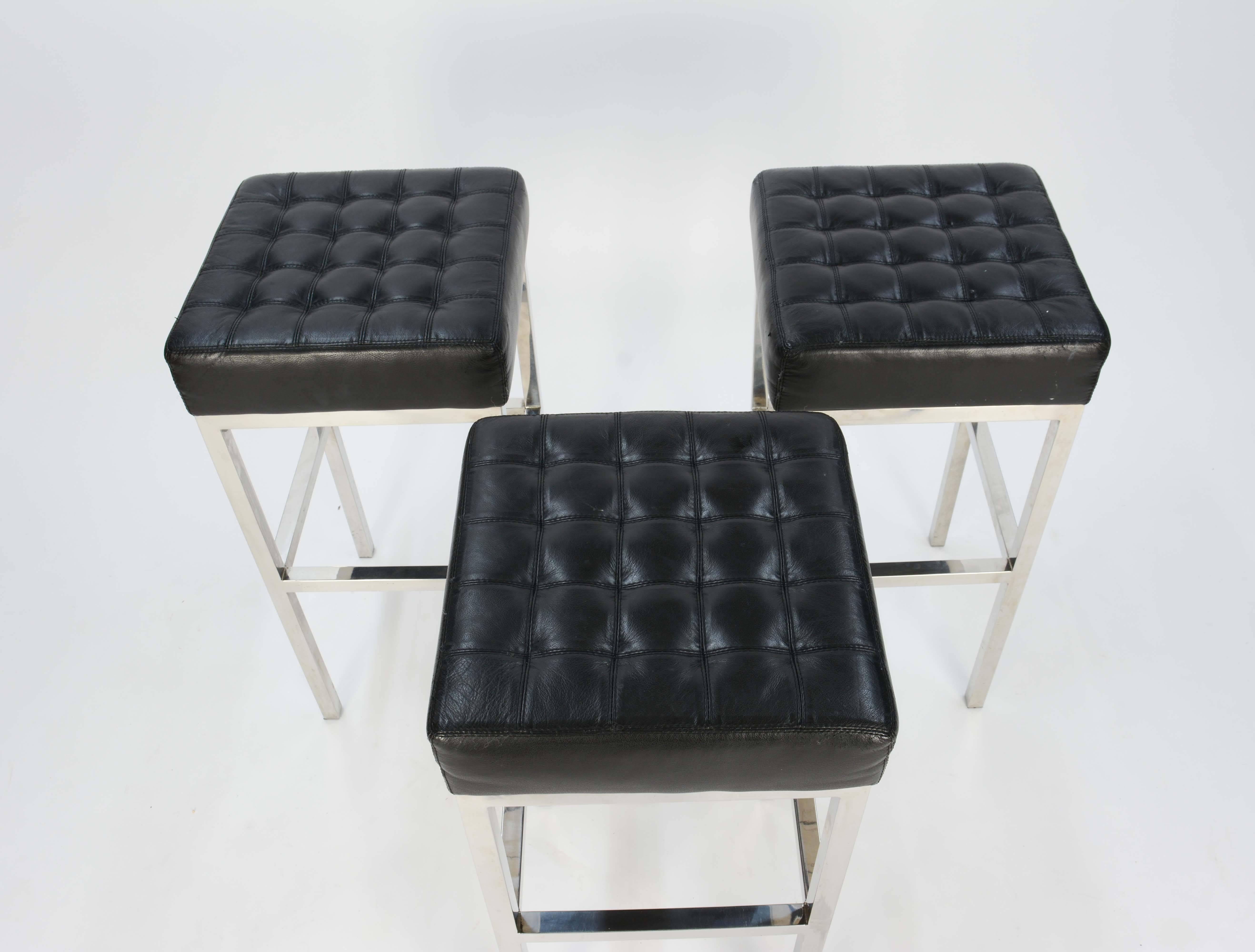 Trio of Tuffed Chrome and Leather Stools after Ludwig Mies van der Rohe In Good Condition In Portland, OR