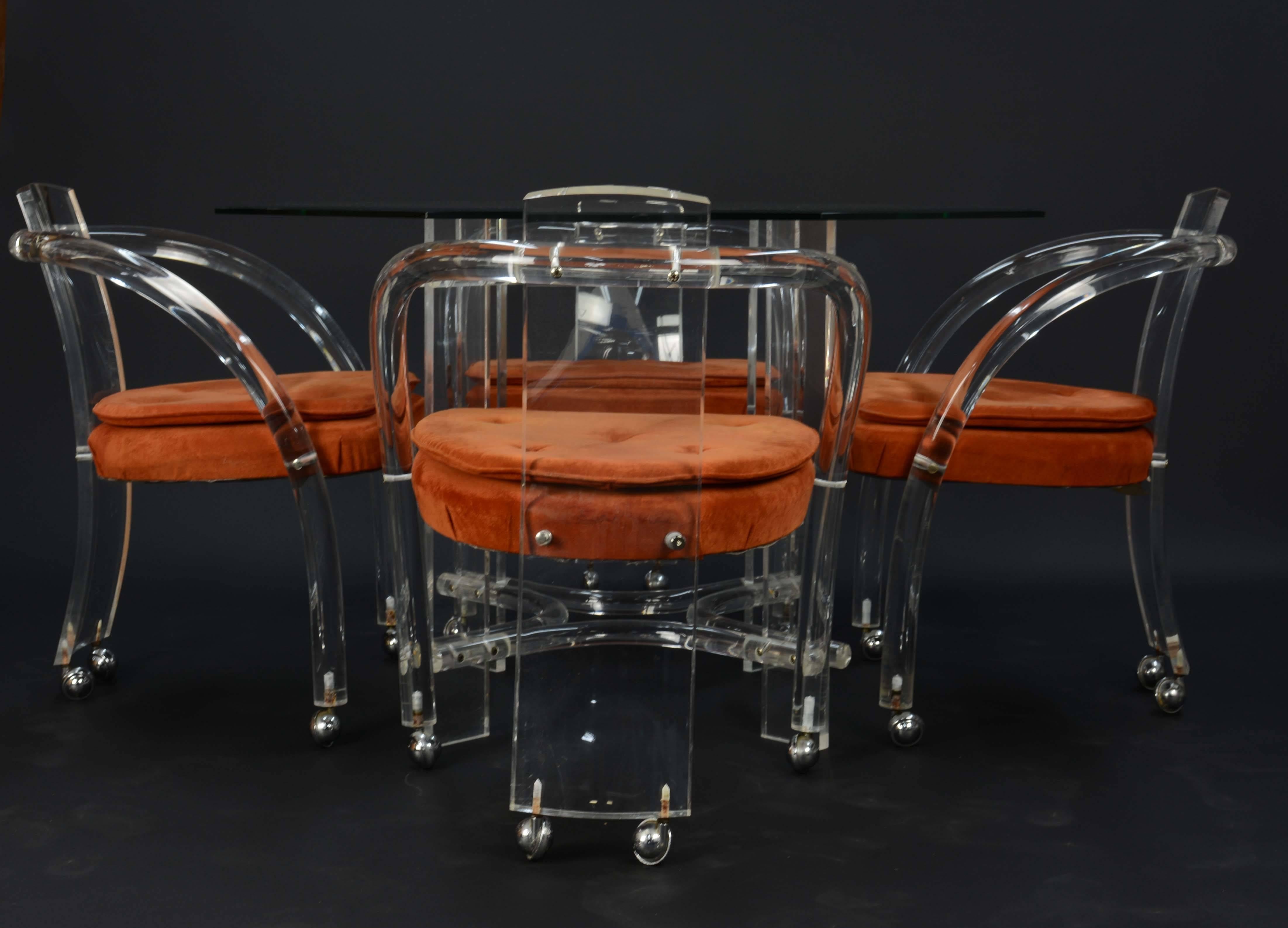 Lucite and Glass Dining Set after Charles Hollis Jones by Hill Furniture In Good Condition For Sale In Portland, OR