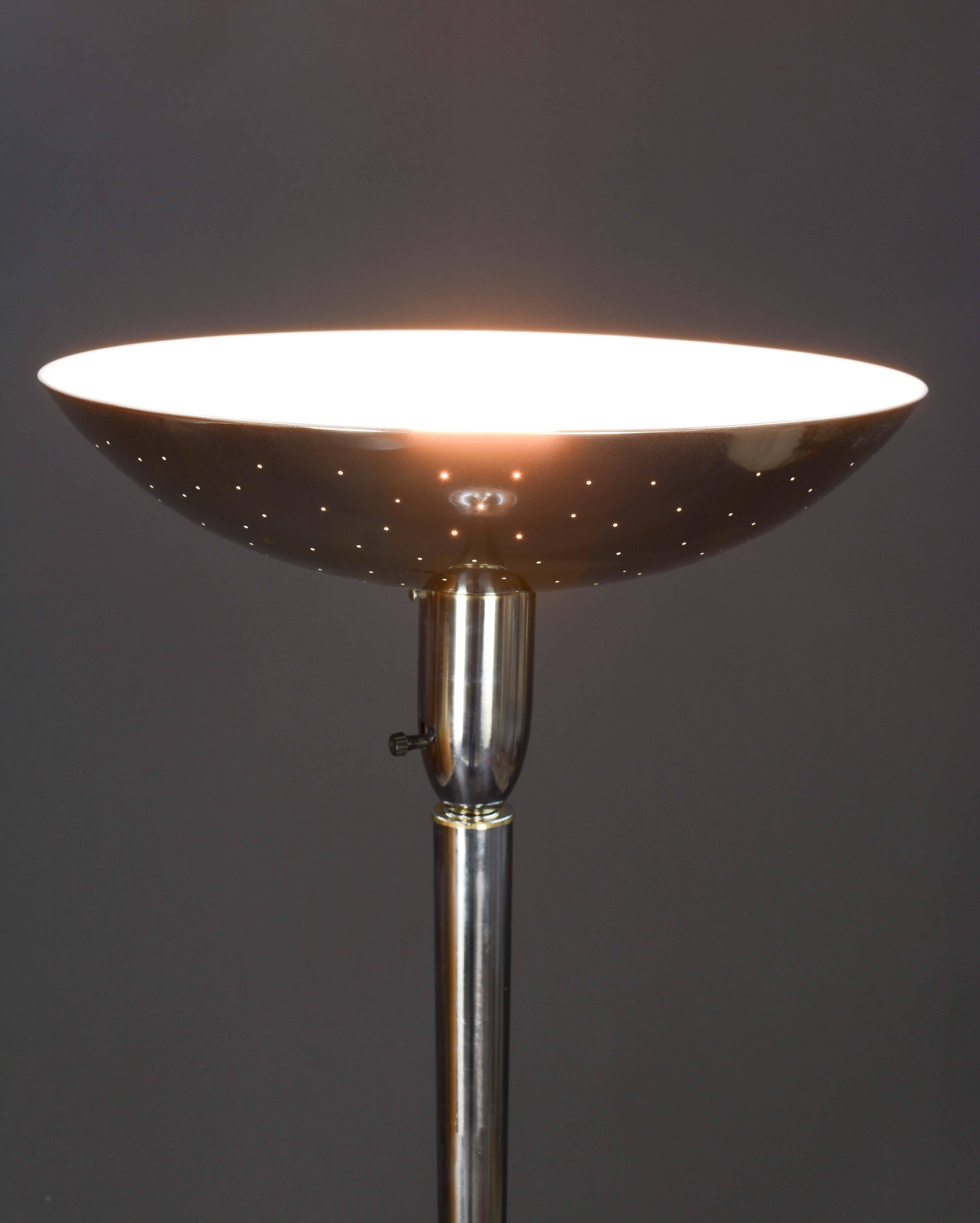 Steel Pair of Grand 1930s Polished Starlite Torchiere with Perforated Diffusers For Sale