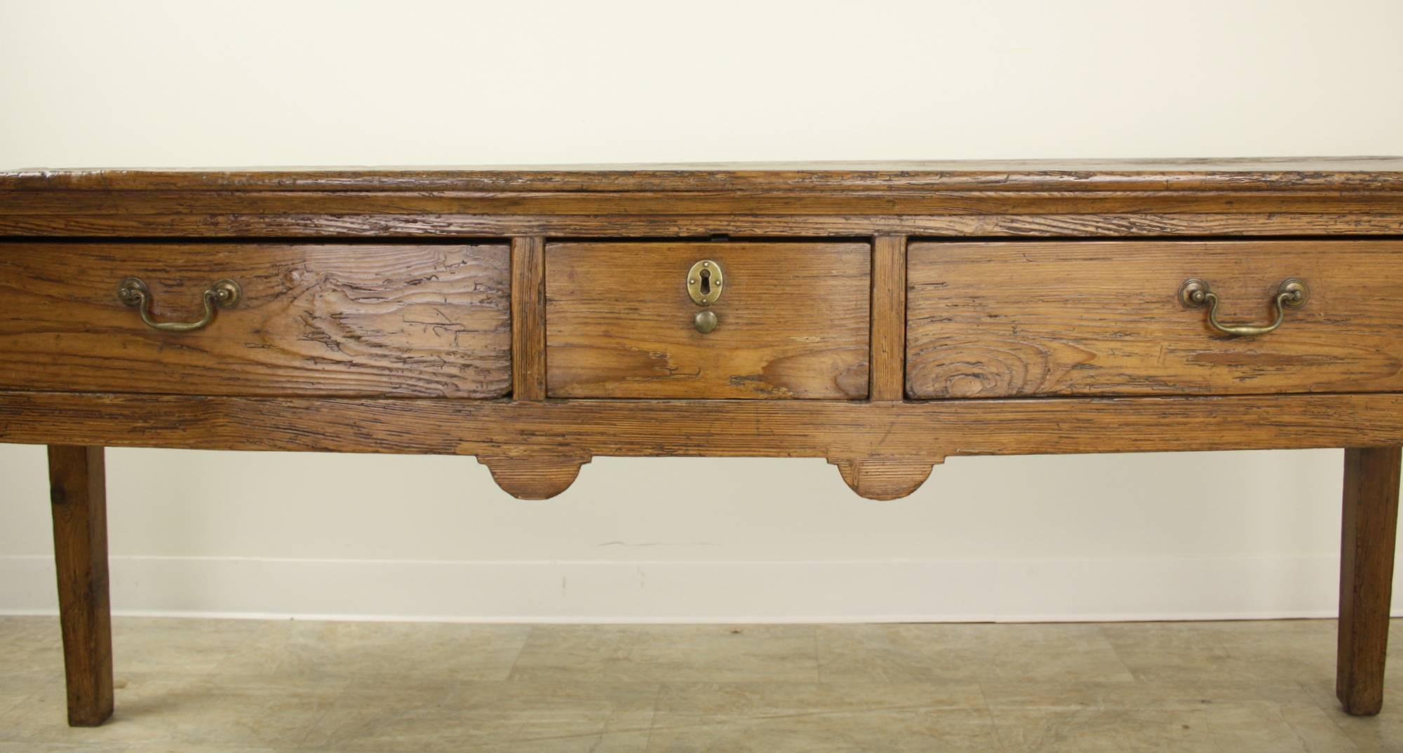 19th Century Long Antique English Pine Three-Drawer Server