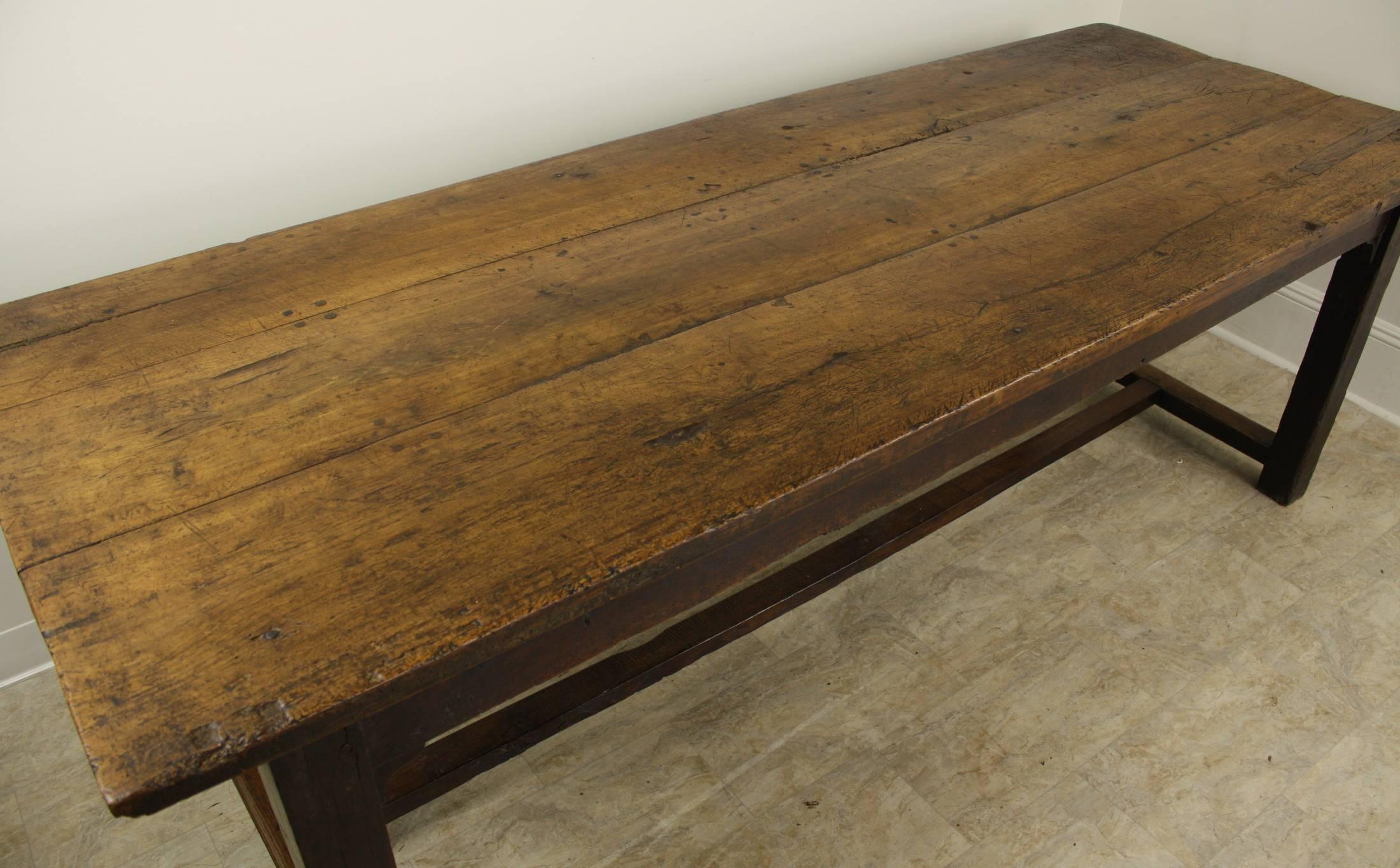 19th Century Long Chunky Antique French Beechwood Refectory Table, Oak Base