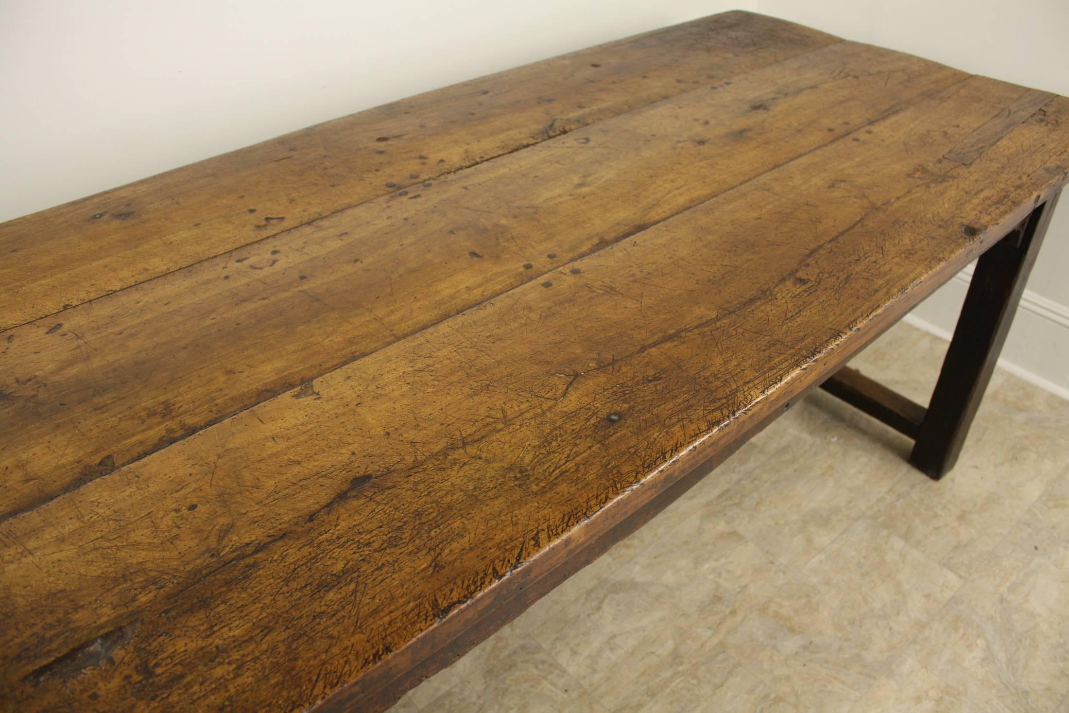 Long Chunky Antique French Beechwood Refectory Table, Oak Base 2