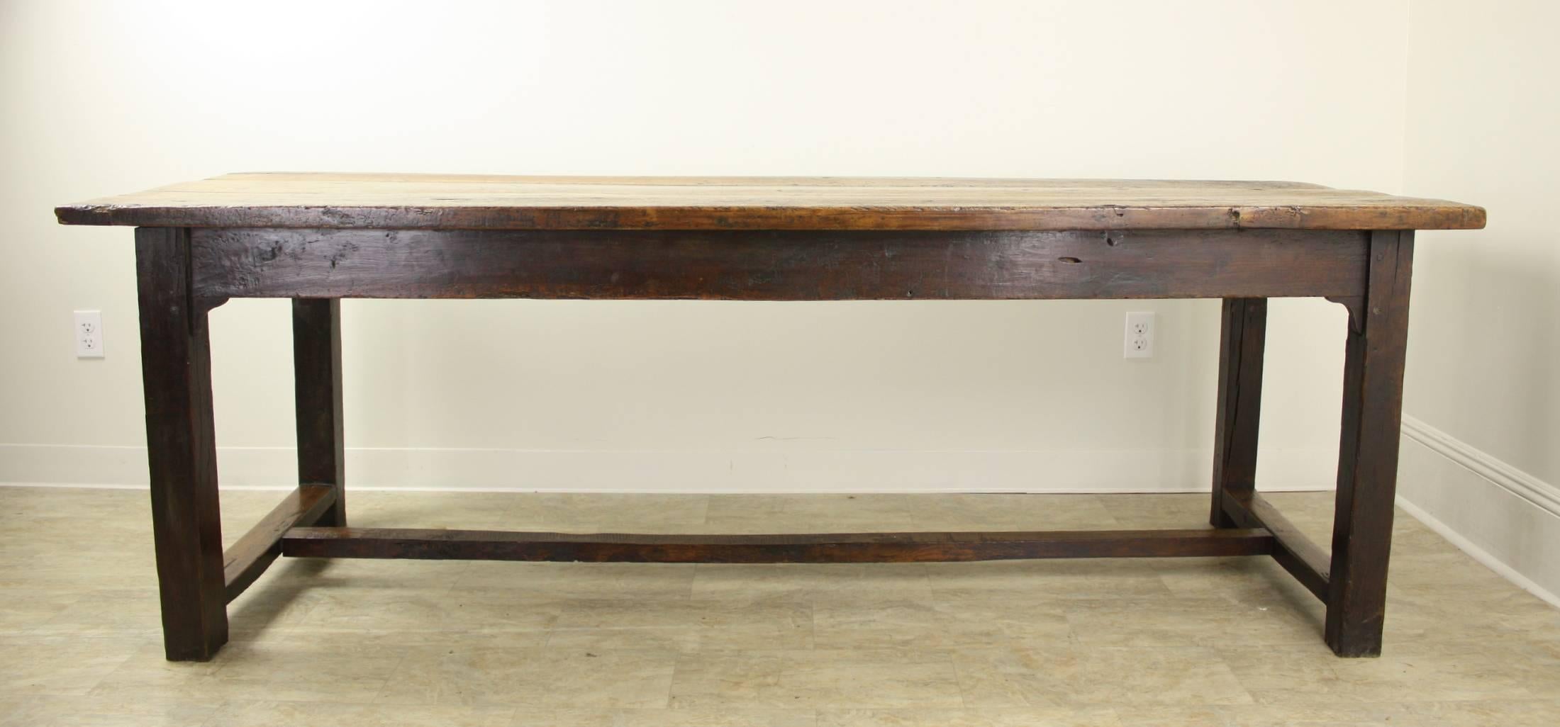 Long Chunky Antique French Beechwood Refectory Table, Oak Base In Good Condition In Port Chester, NY