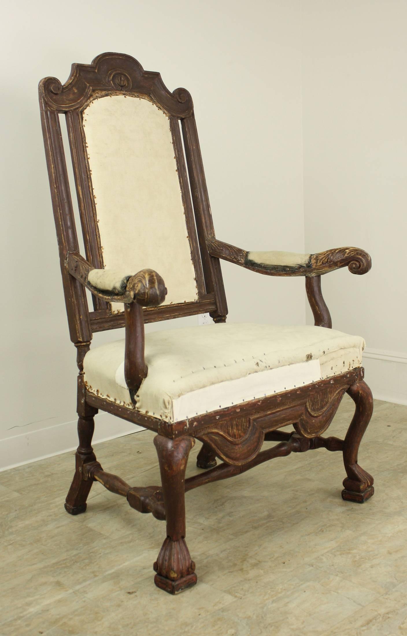 This is a very fanciful chair, very immediately identifiable as coming from the Baroque period, c17thC.  It deserves to stand alone visually, as a museum quality piece, and it is strong and sturdy.  It was originally painted, in several colors, as