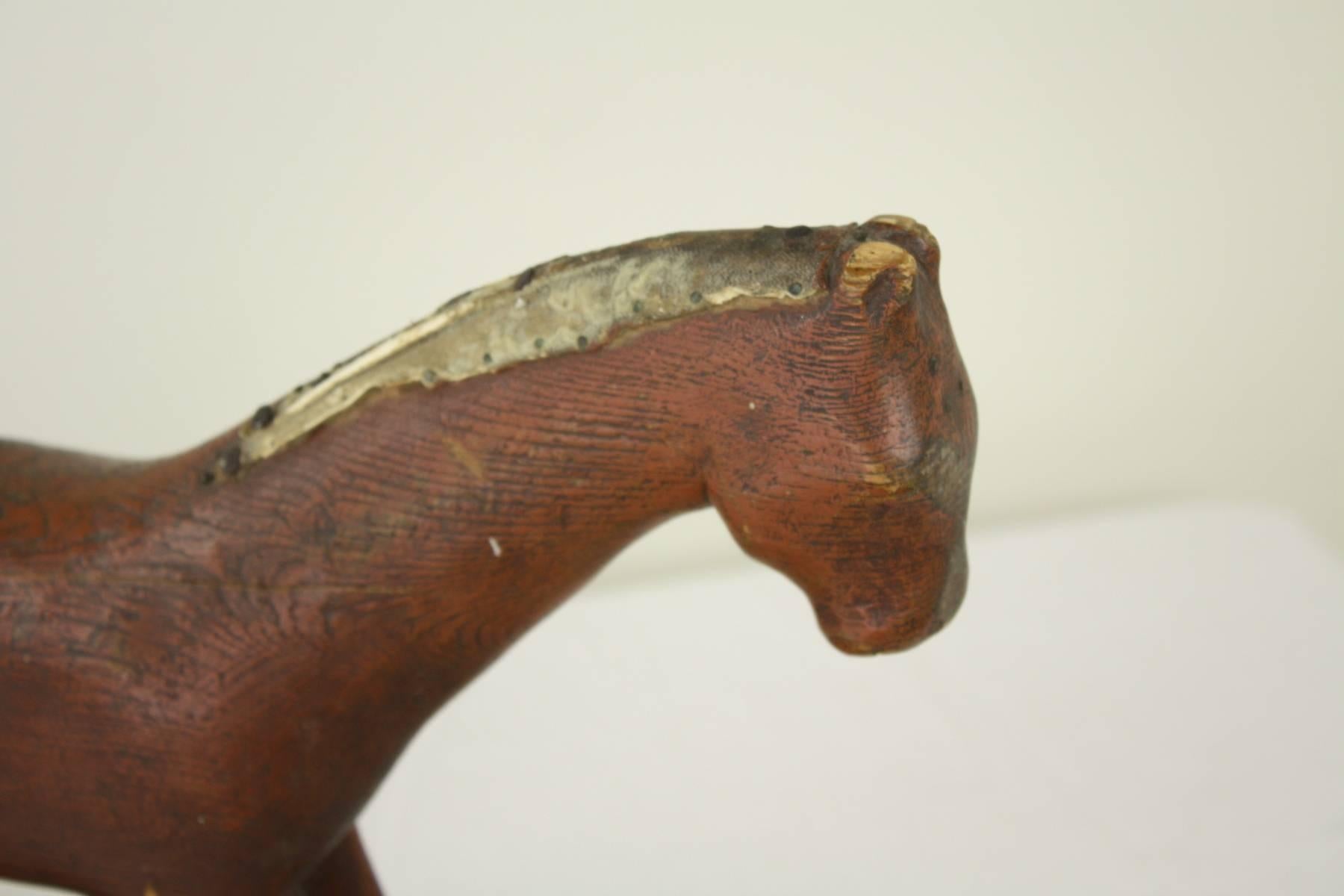 Painted Antique Swedish Toy Rocking Horse, Original Red Paint