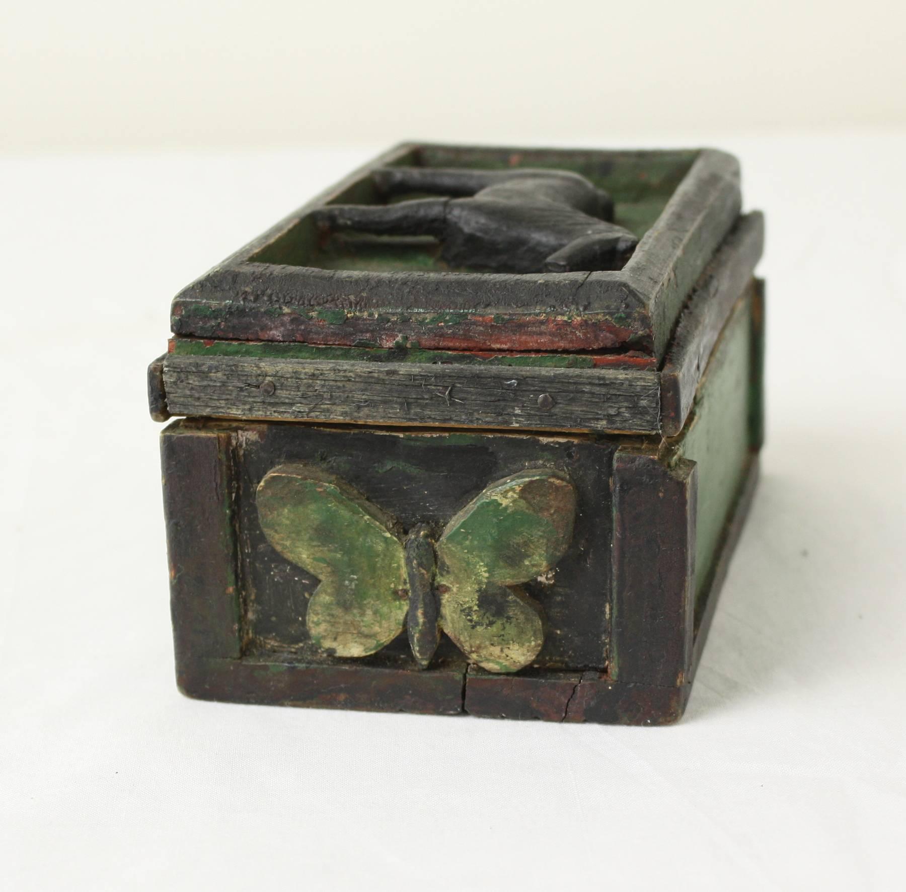 Painted Antique Swedish Box Carved with Animals 