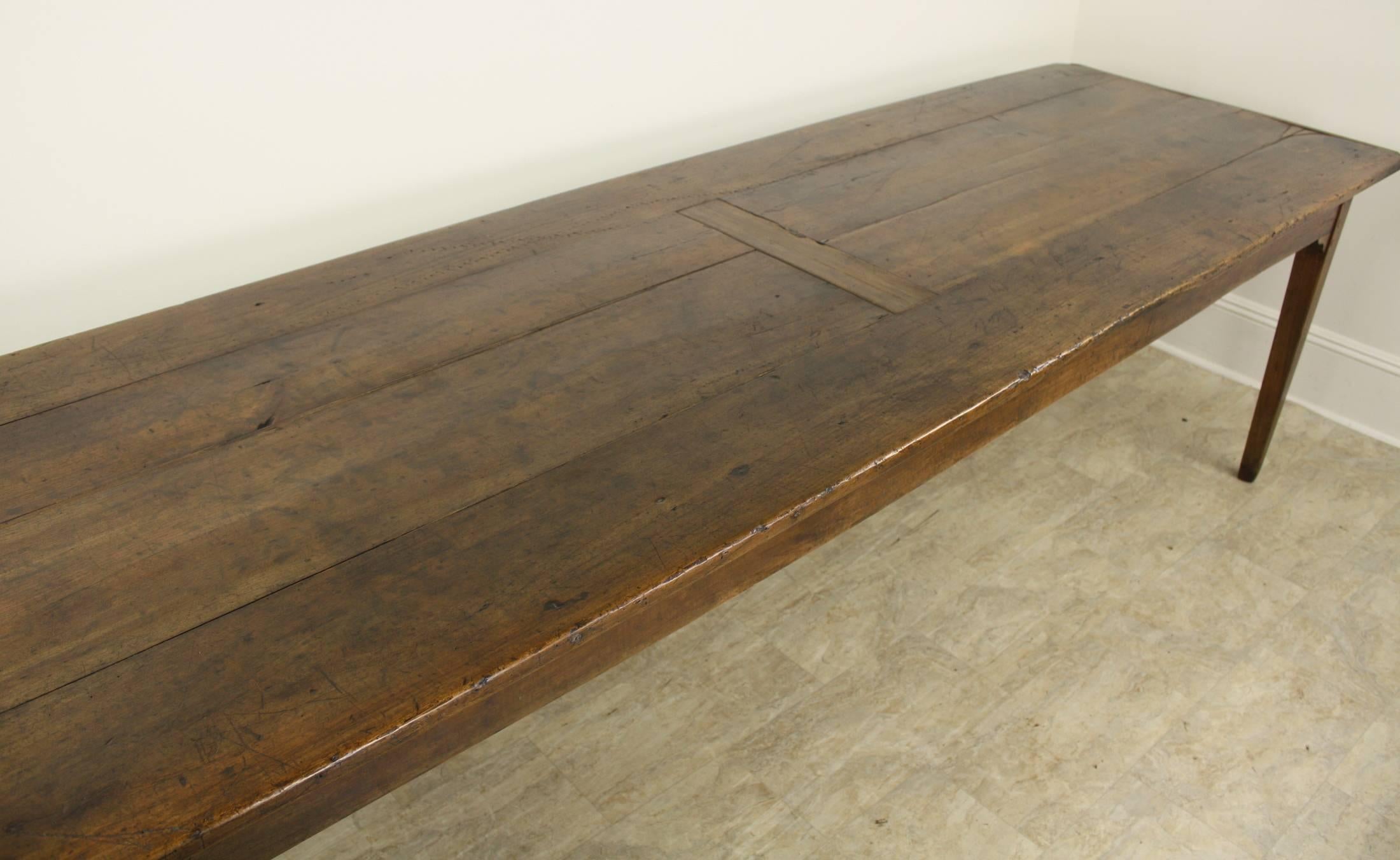 19th Century Long Antique Cherry Farm Table, Drawer at One End, Bread Slide at the Other