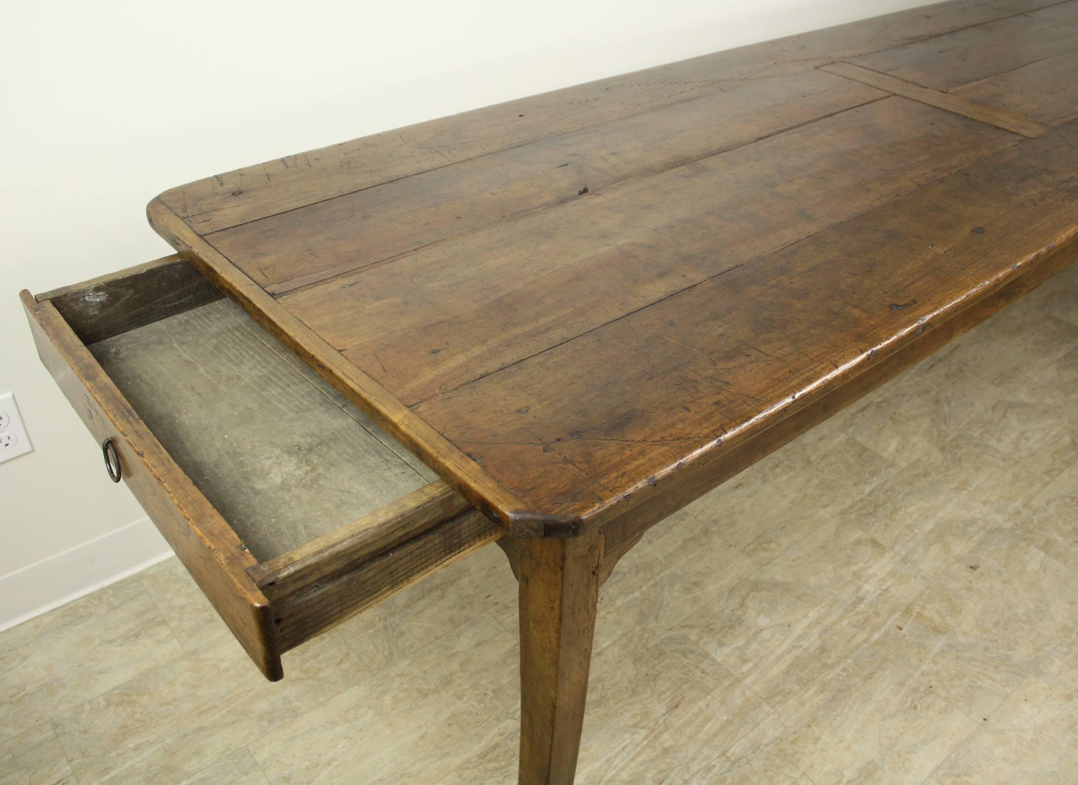 Long Antique Cherry Farm Table, Drawer at One End, Bread Slide at the Other 1