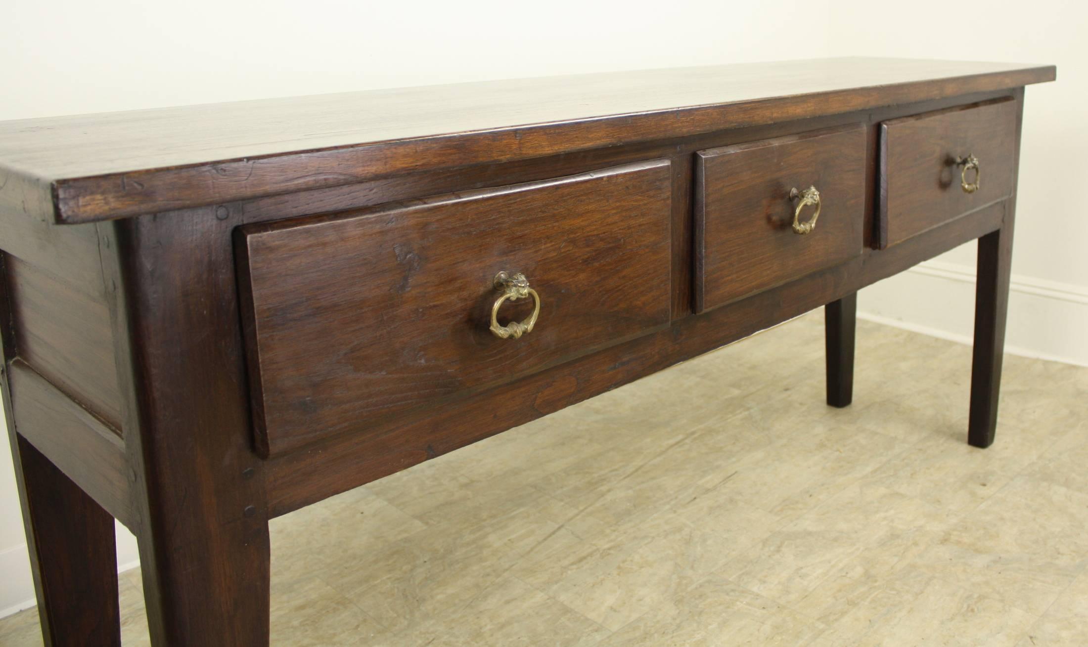 Chunky Chestnut Server with Brass Lion's Head Drawer Pulls In Good Condition In Port Chester, NY