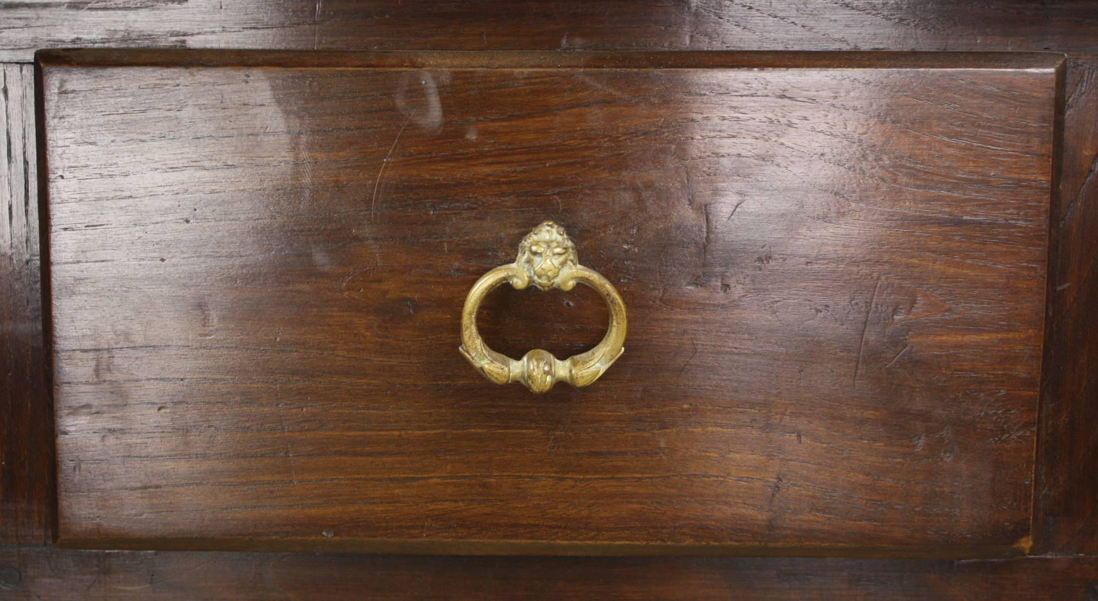 19th Century Chunky Chestnut Server with Brass Lion's Head Drawer Pulls
