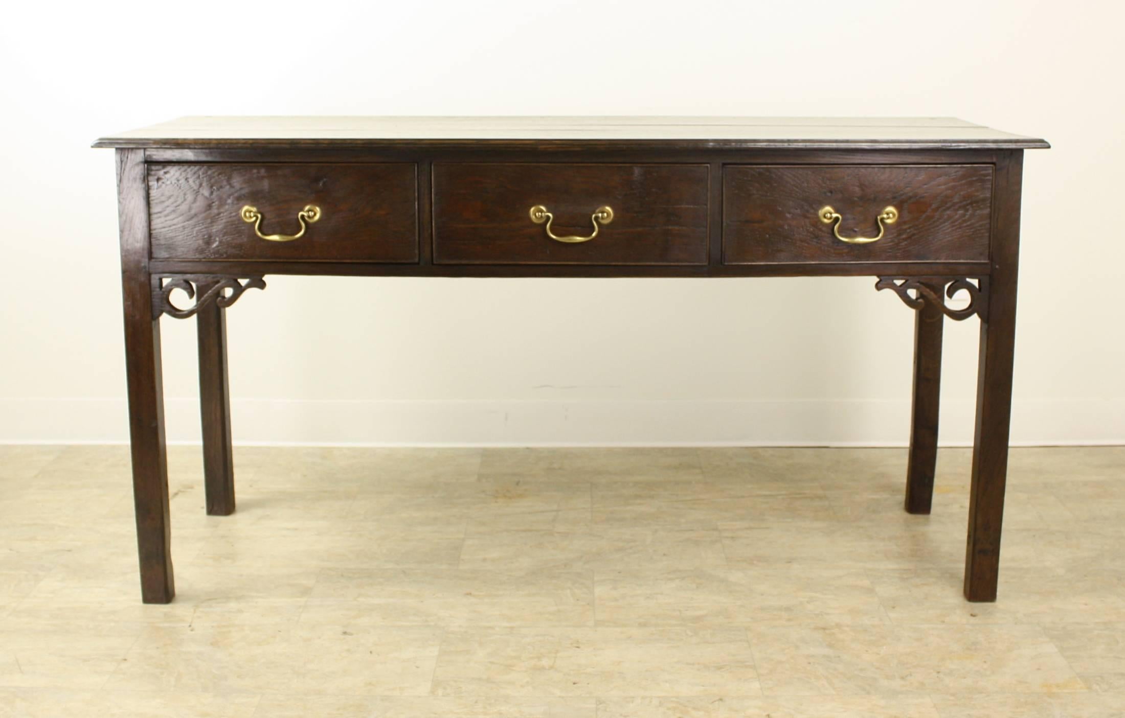 English Antique Chippendale Style Oak Server with Fretted Detail