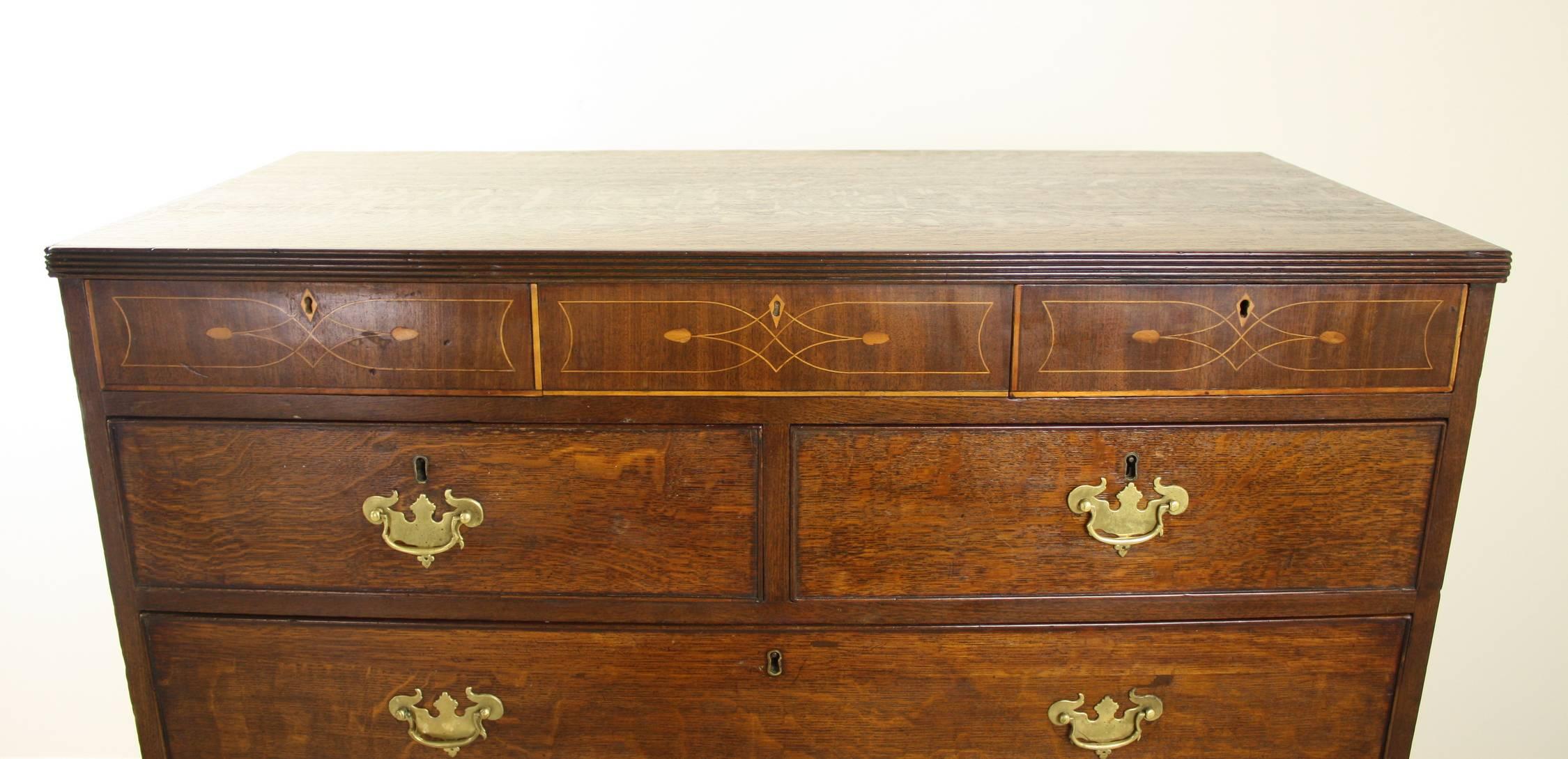 English Formal Georgian Oak Chest of Drawers with Satinwood Inlay