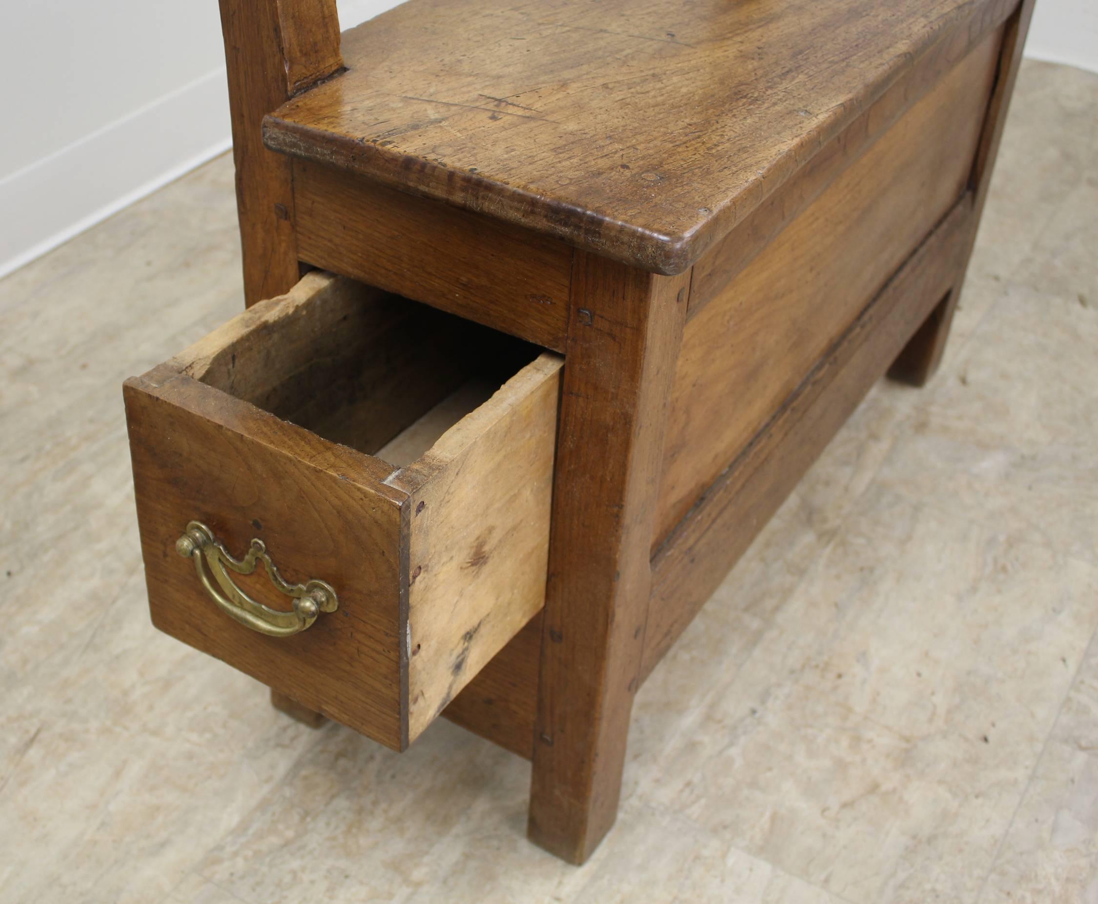 French Antique Chestnut Seat with Small Drawer