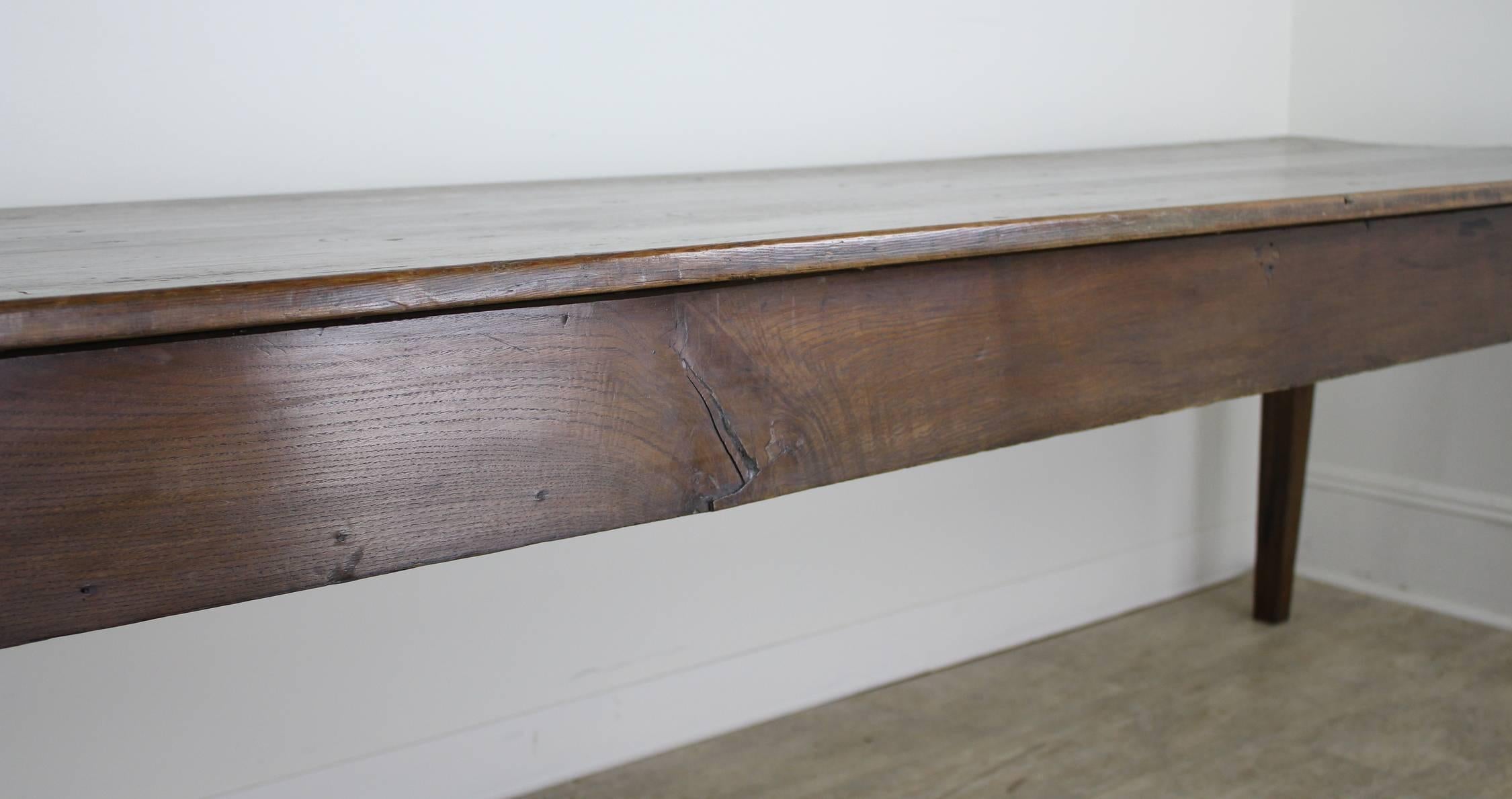 French Long Antique Pine Farm Table, One Drawer