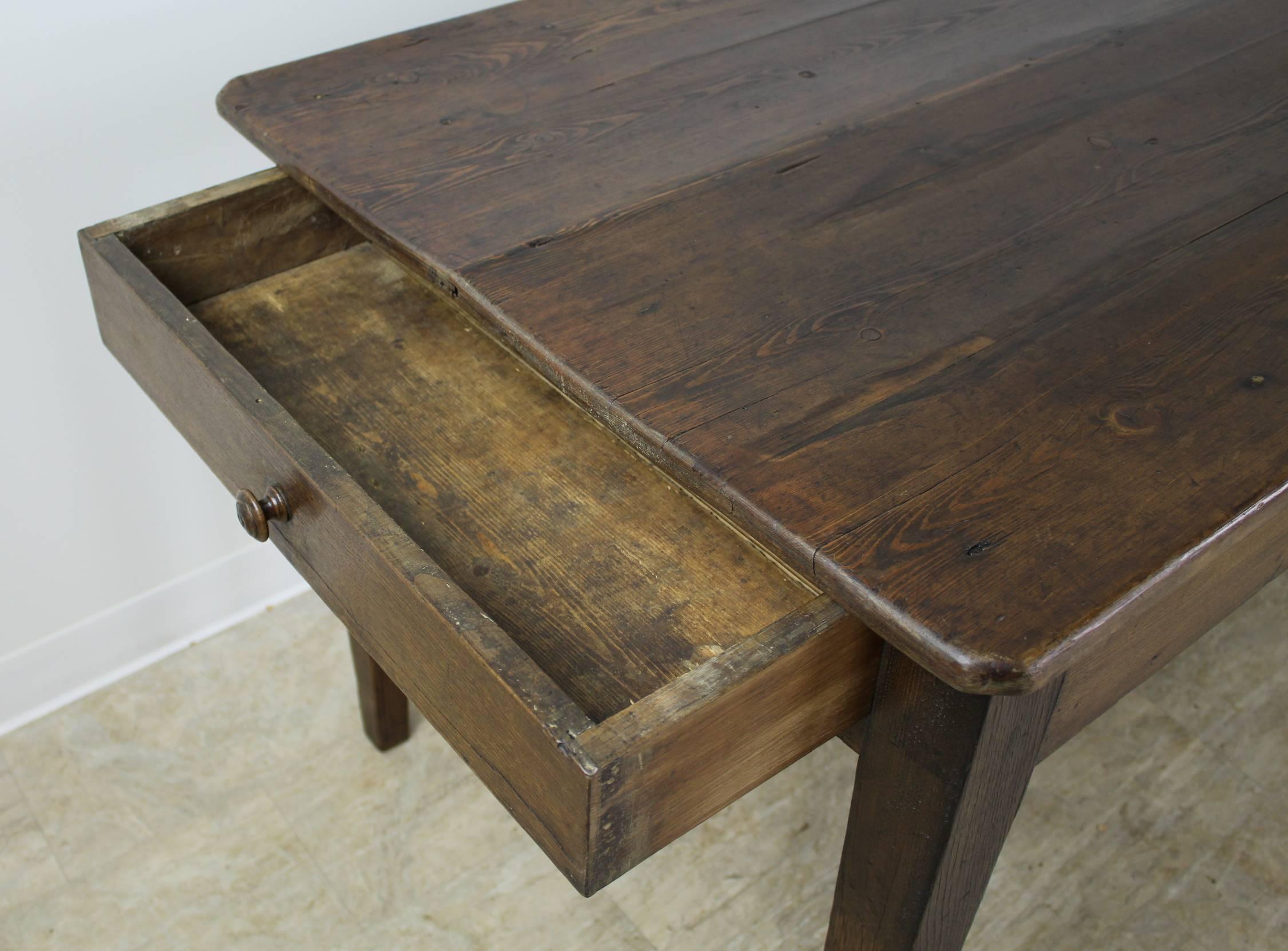 Long Antique Pine Farm Table, One Drawer 1
