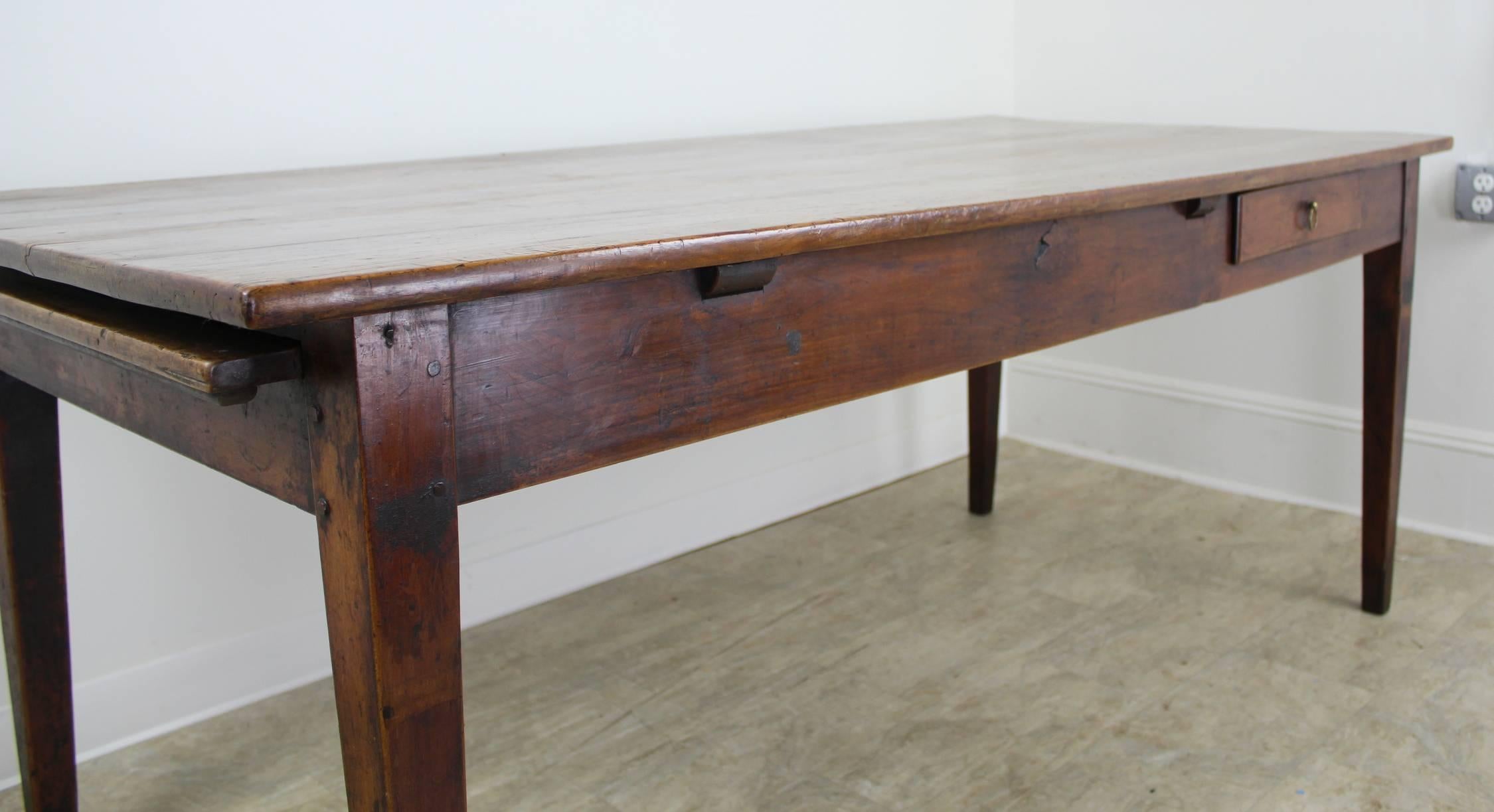 French Antique Cherry Farm Table with Bread Slide and Single Drawer