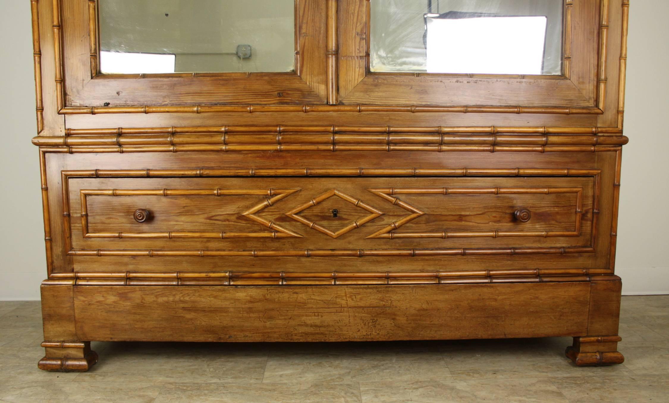 Antique English Faux Bamboo Armoire with Mirrored Doors In Good Condition In Port Chester, NY