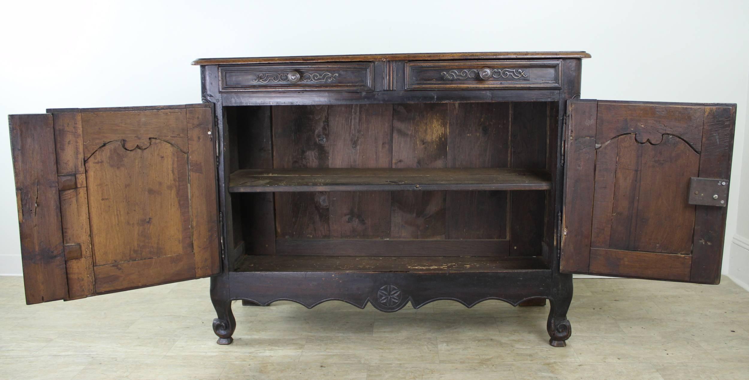 French Antique Walnut Louis XV Buffet, Iron Hardware and Snail Feet