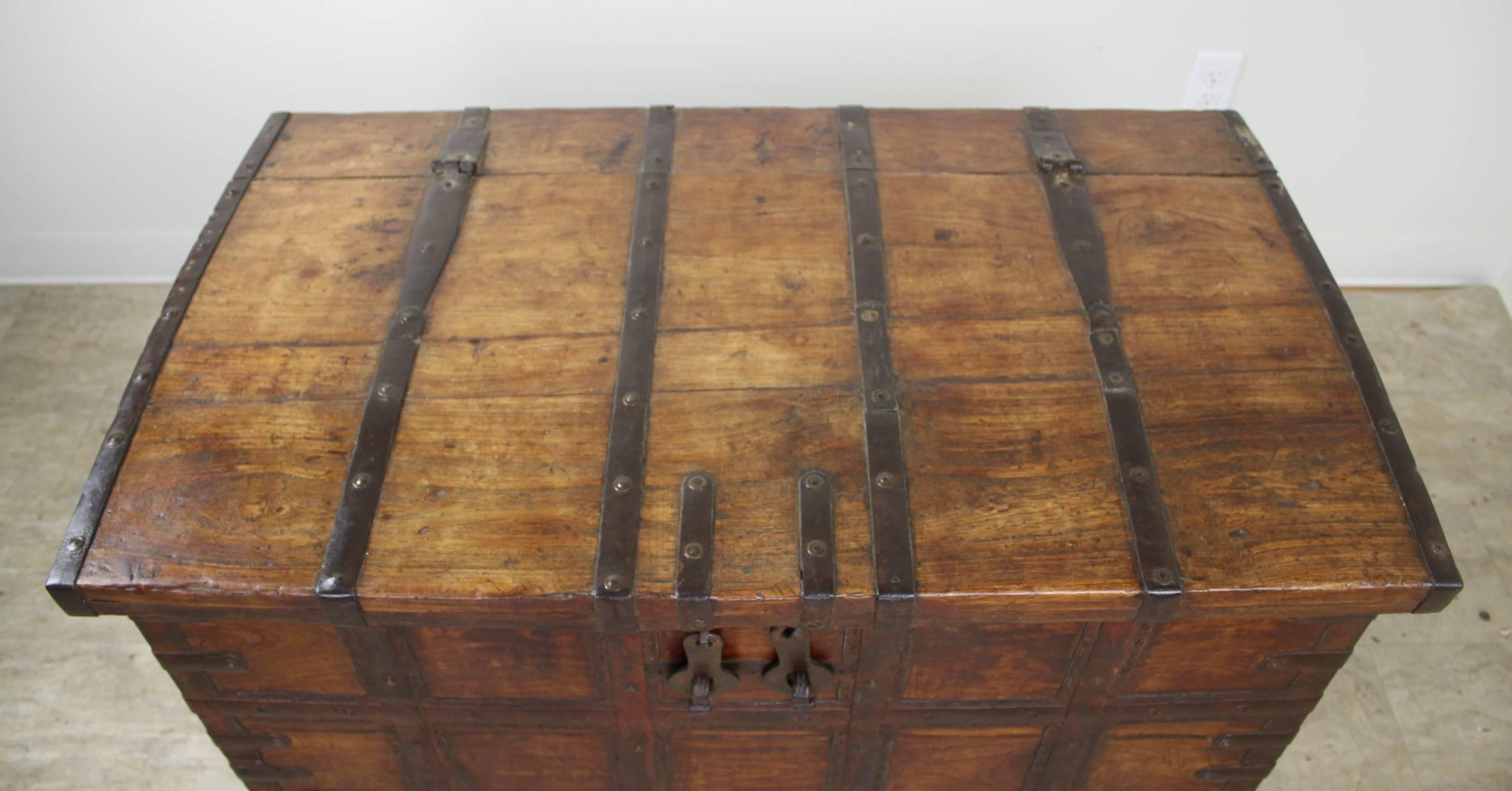 19th Century Antique French Elm Coffer/Trunk with Iron Strap Work