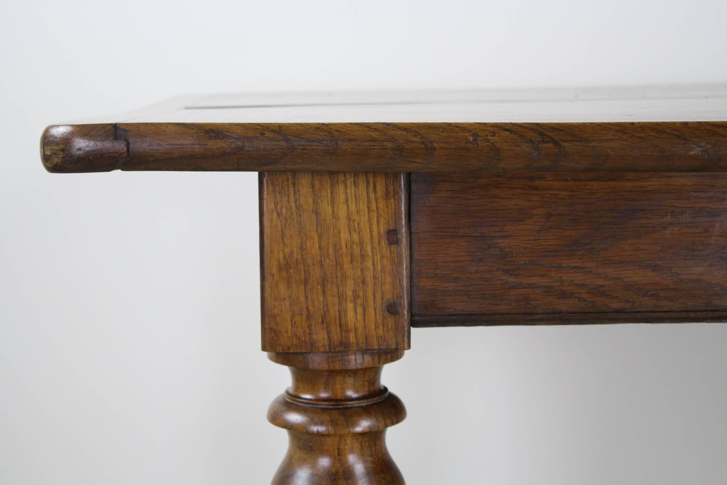 19th Century Antique Two Plank Turned Leg Oak Farm Table