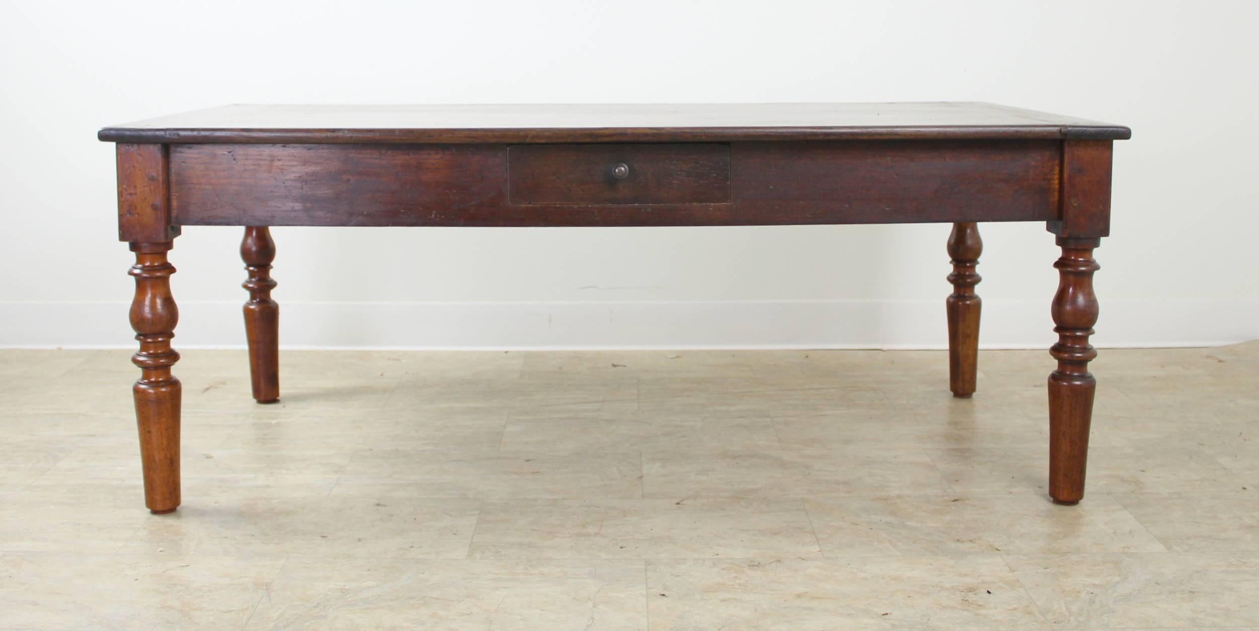 French Antique Chestnut and Fruitwood Coffee Table with Three Drawers and Serving Shelf