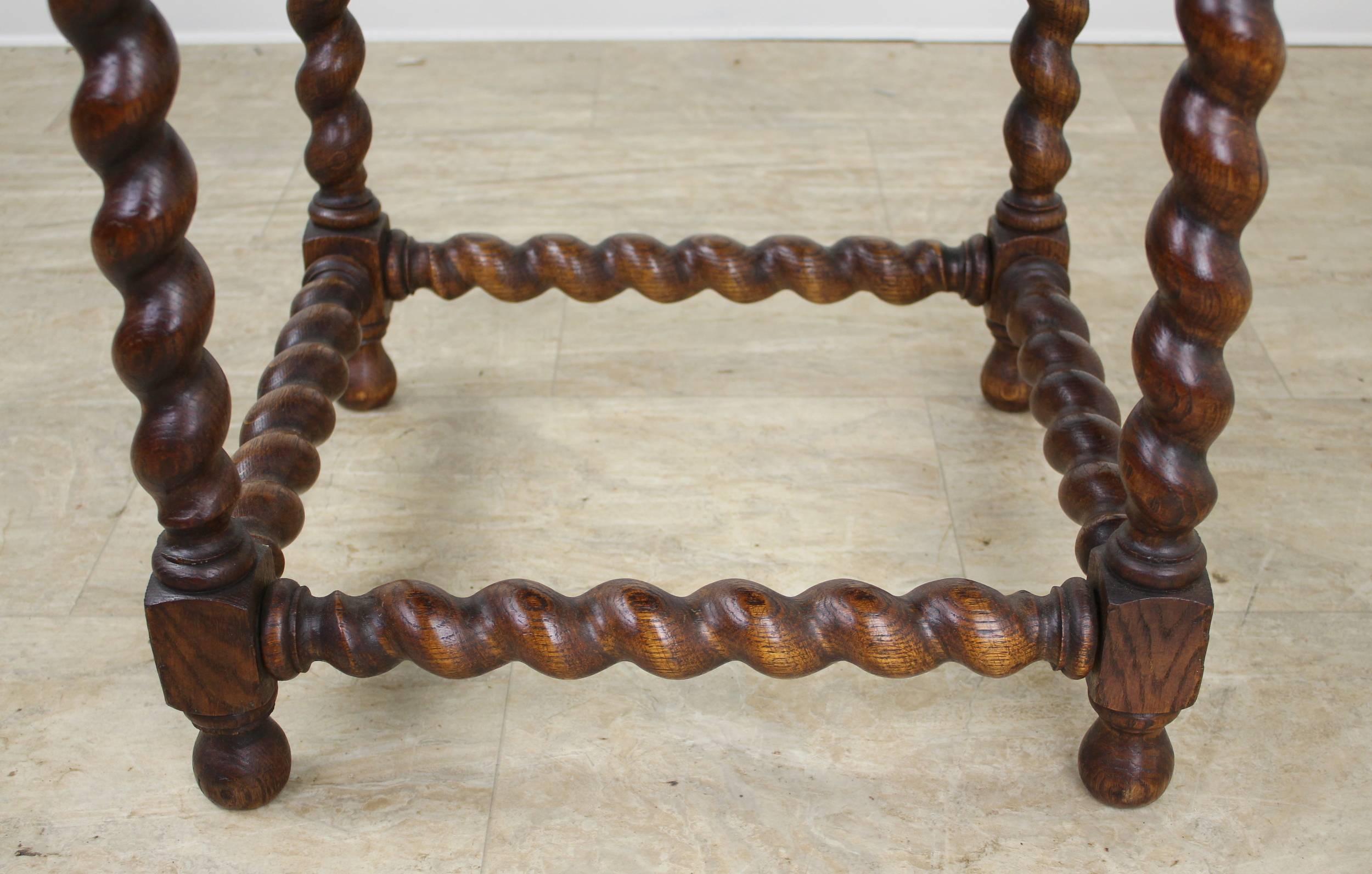 19th Century Pair of Antique Oak Barley Twist Stools, Newly Upholstered