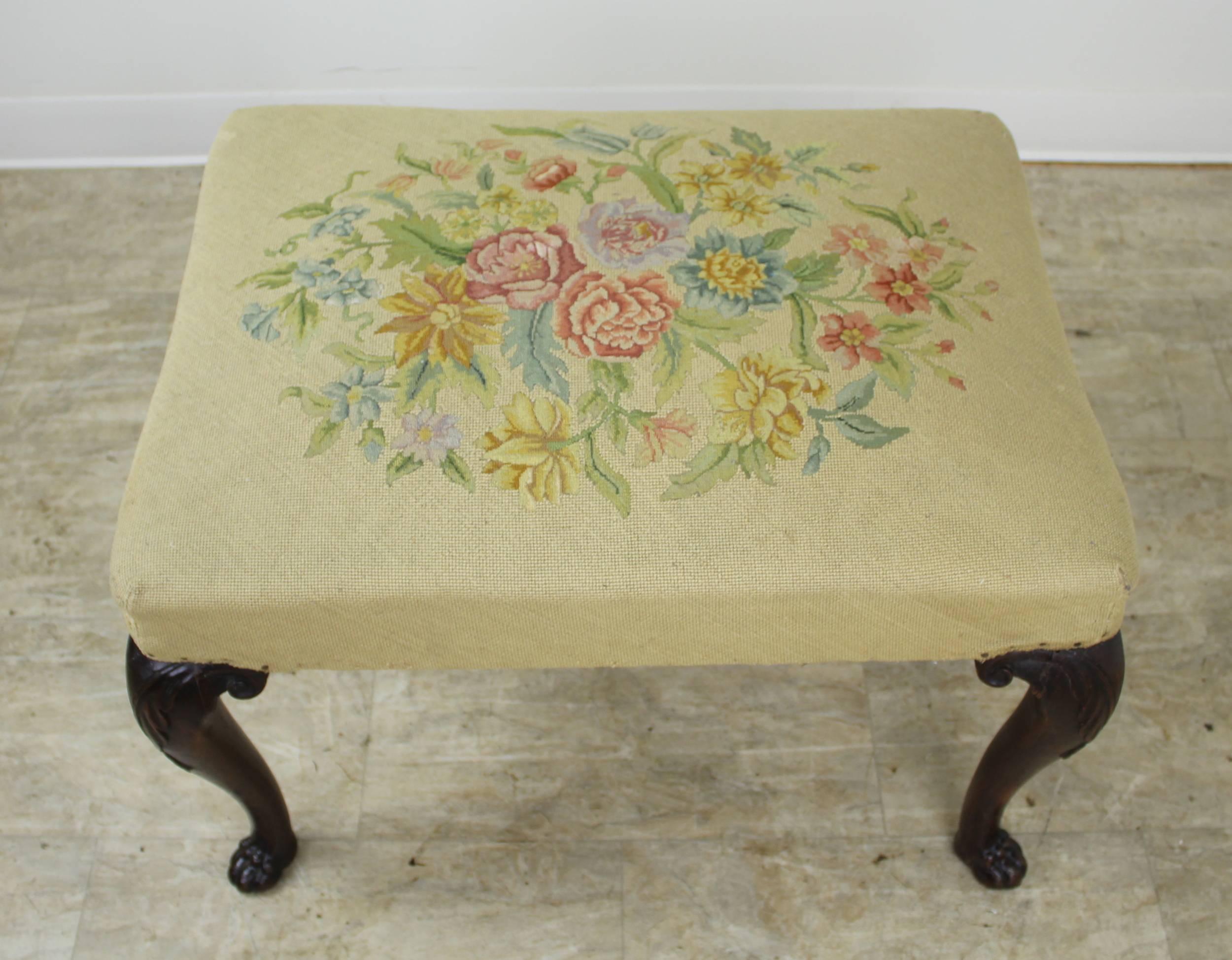 Embroidered 19th Century English Mahogany Needlepoint Stool with Claw Feet For Sale