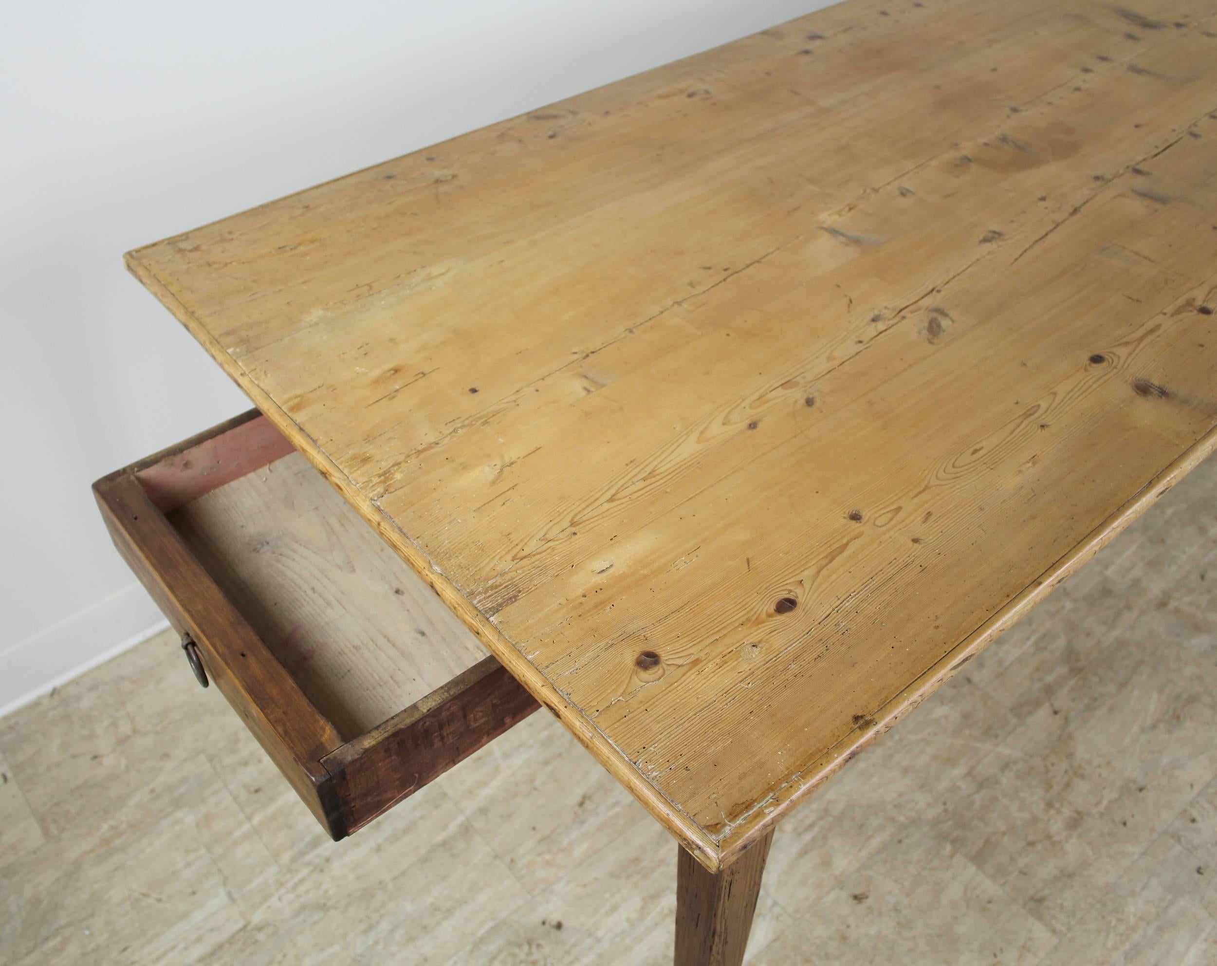 Late 19th Century Antique Blond Pine Farm Table, One-Drawer, Breadslide