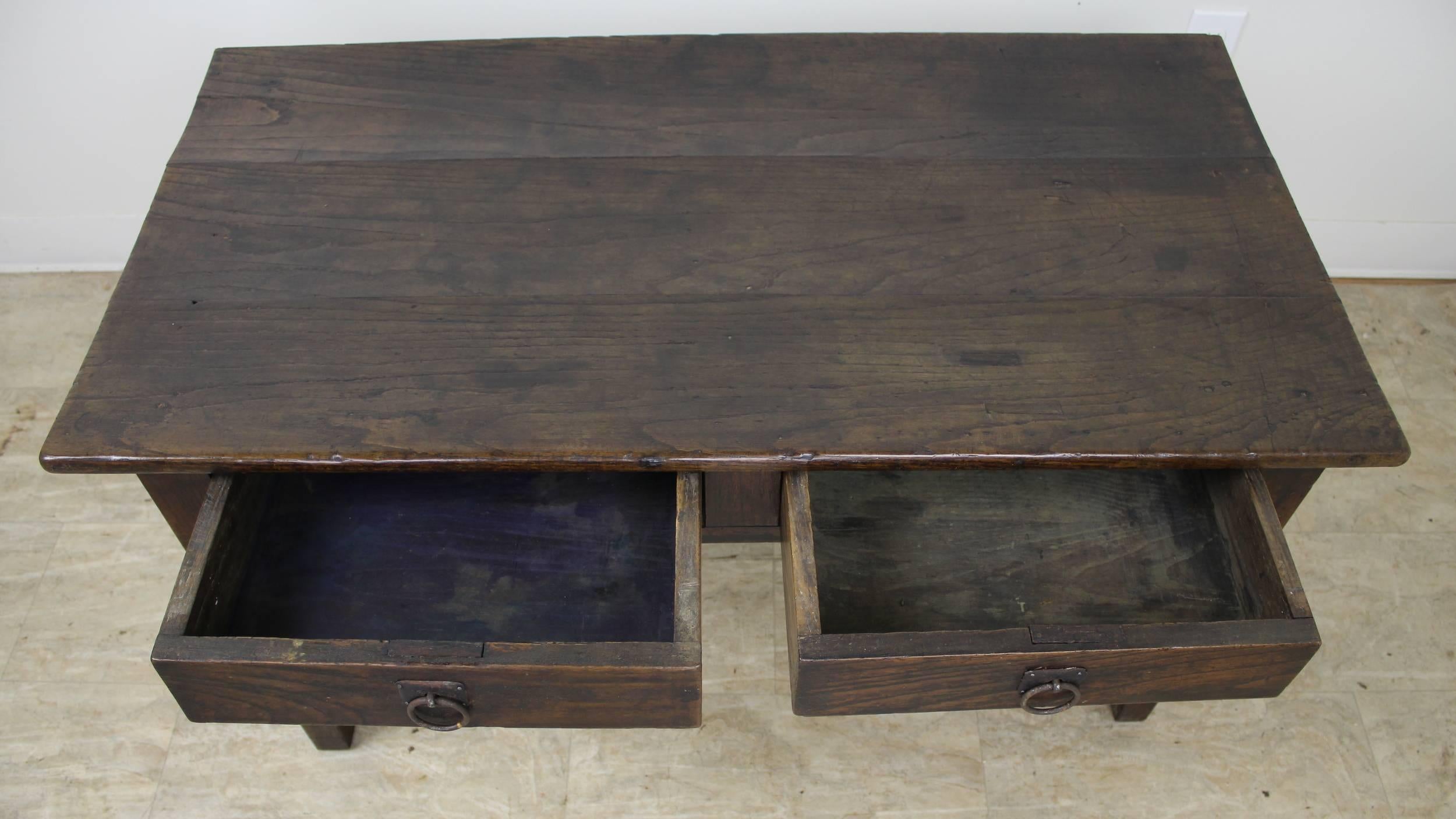 French Antique Dark Chestnut Two-Drawer Coffee Table