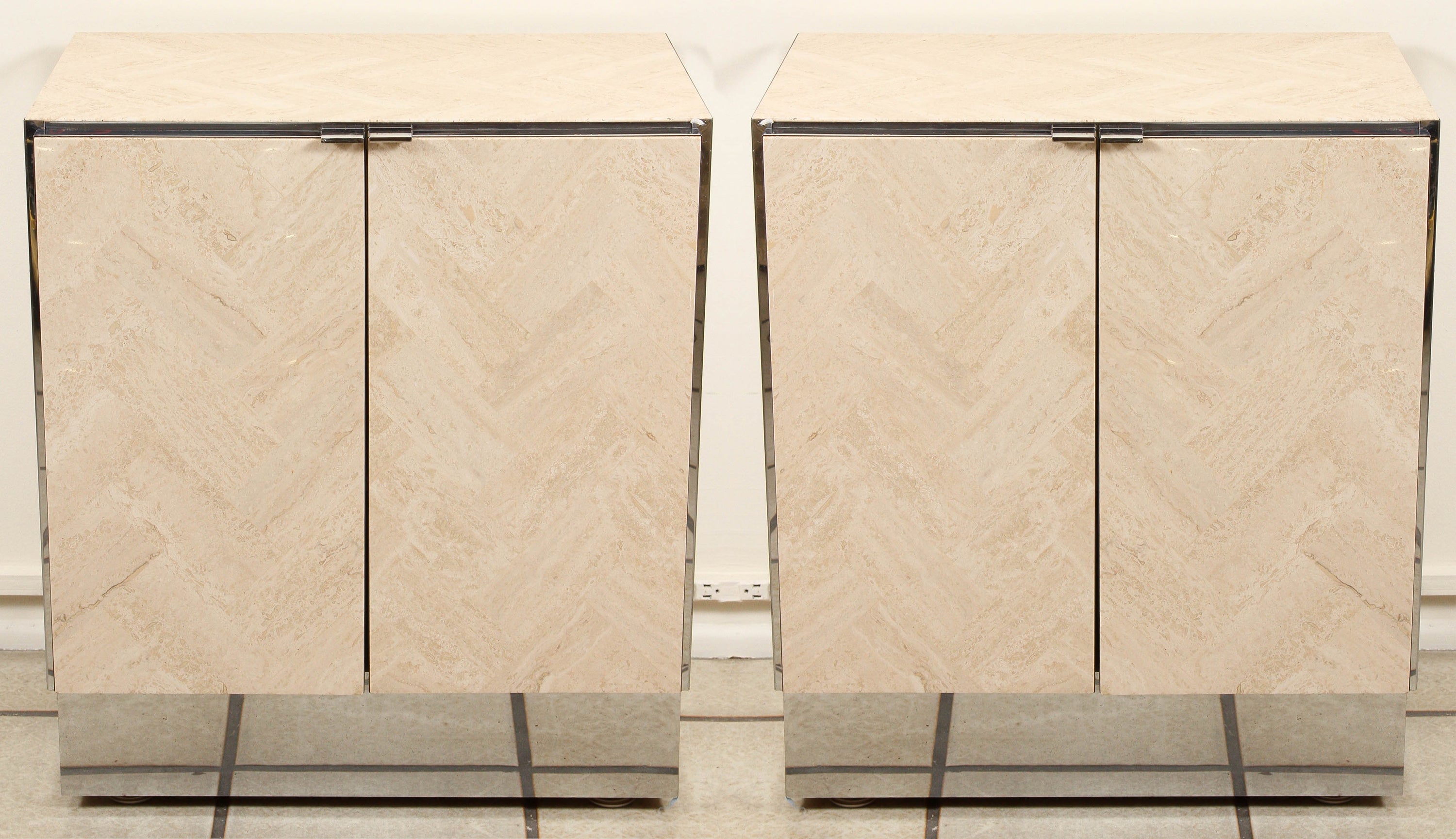 Pair of Polished Travertine Cabinets by Ello