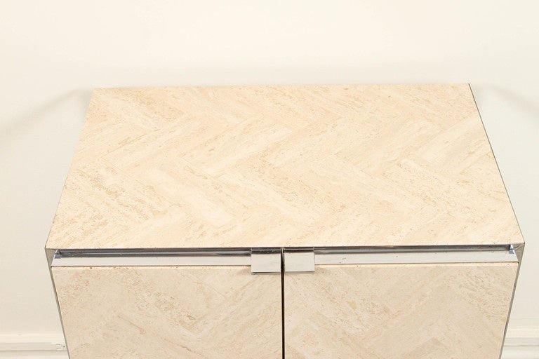 Chrome Pair of Polished Travertine Cabinets by Ello