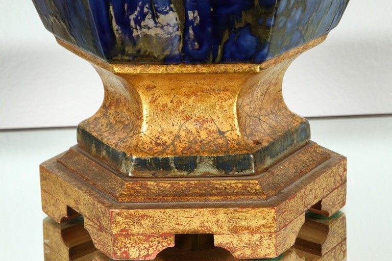 Mid-20th Century Exquisite Pair of Large Italian Ceramic Lamps with a Lapis Glazed Finish