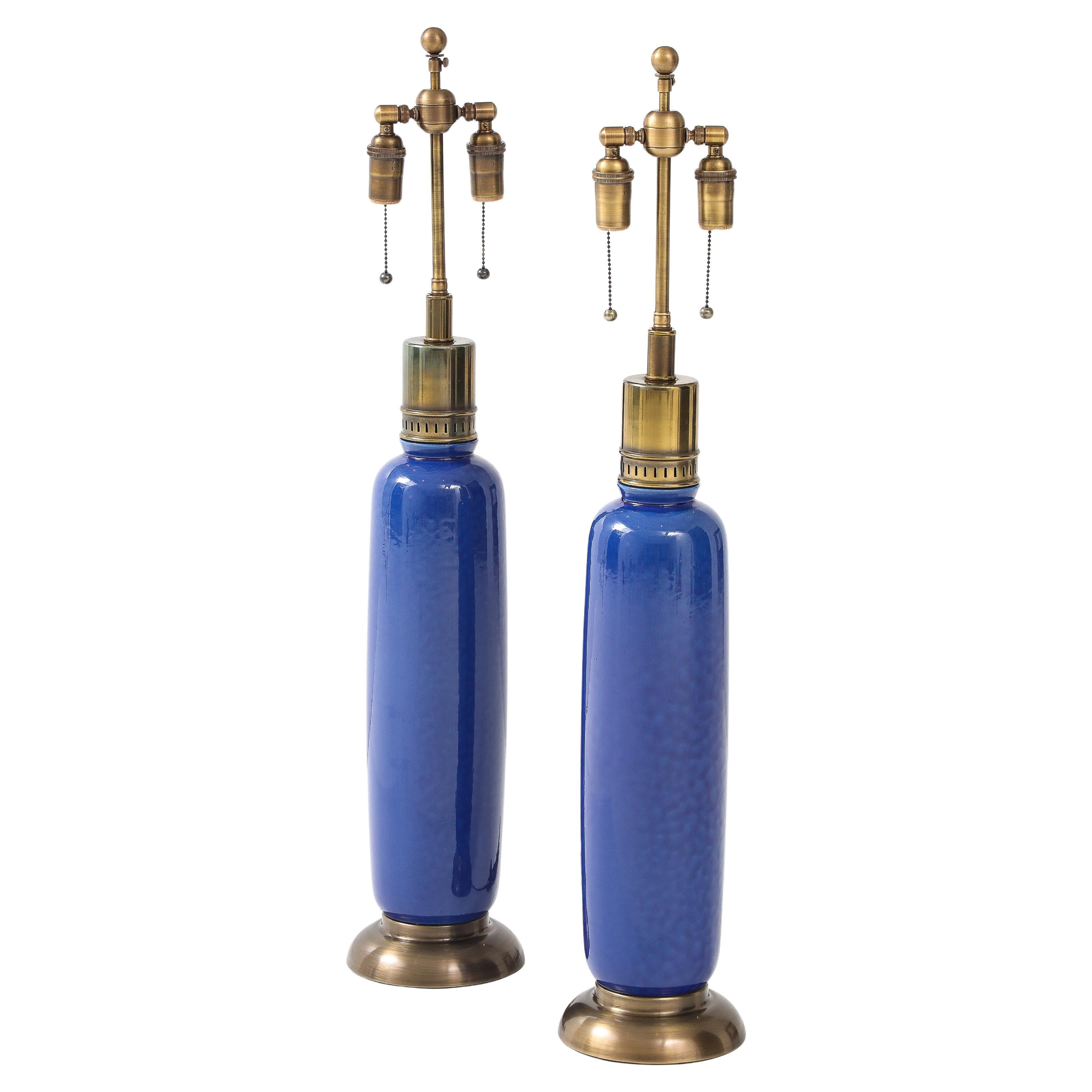 Pair of Tall Italian Ceramic Lamps with a Beautiful Mottled Blue Glaze.