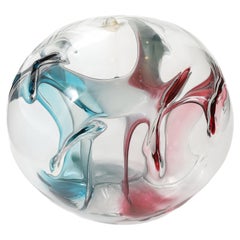 Blown Glass Orb Sculpture with Blue and Magenta Threads by Peter Bramhall 1995
