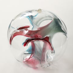 Blown Glass Orb Sculpture with Blue and Magenta Threads by Peter Bramhall 1995