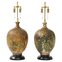 Fabulous Pair of Large Ceramic Lamps with a Volcanic Lava Drip Glaze Finish