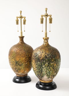 Fabulous Pair of Large Ceramic Lamps with a Volcanic Lava Drip Glaze Finish