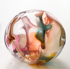 Grande scultura a forma di sfera in vetro di PETER BRAMHALL con fili di vetro interni, datata 1992