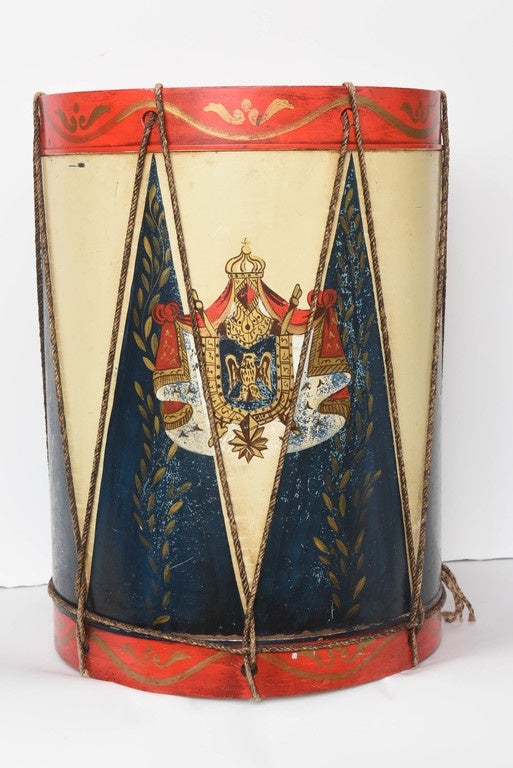 Italian painted tole drum with armorial design.