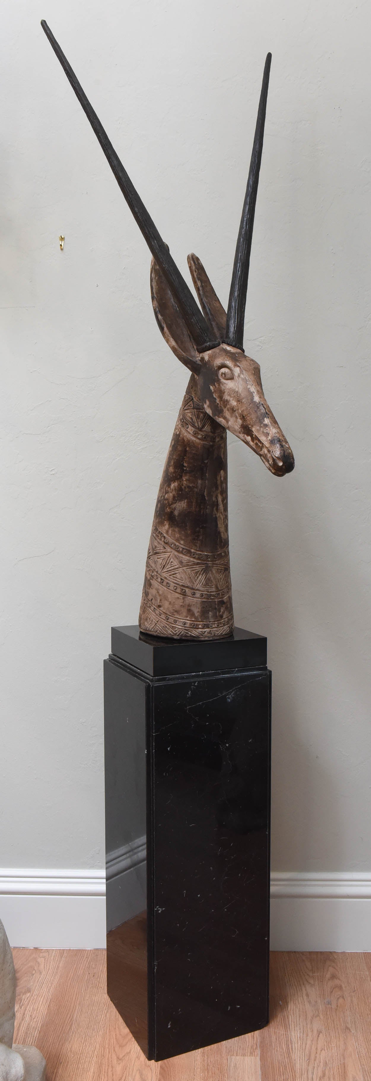 African Style Antelope Head on Marble Base Sculpture
