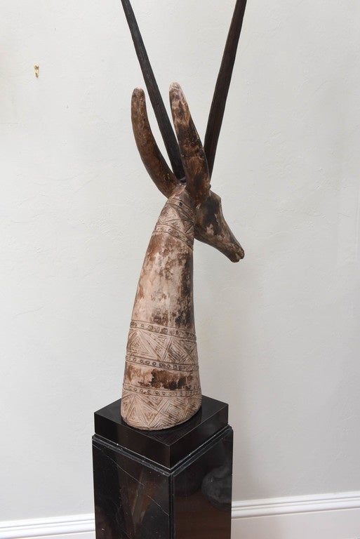 African Style Antelope Head on Marble Base Sculpture 2
