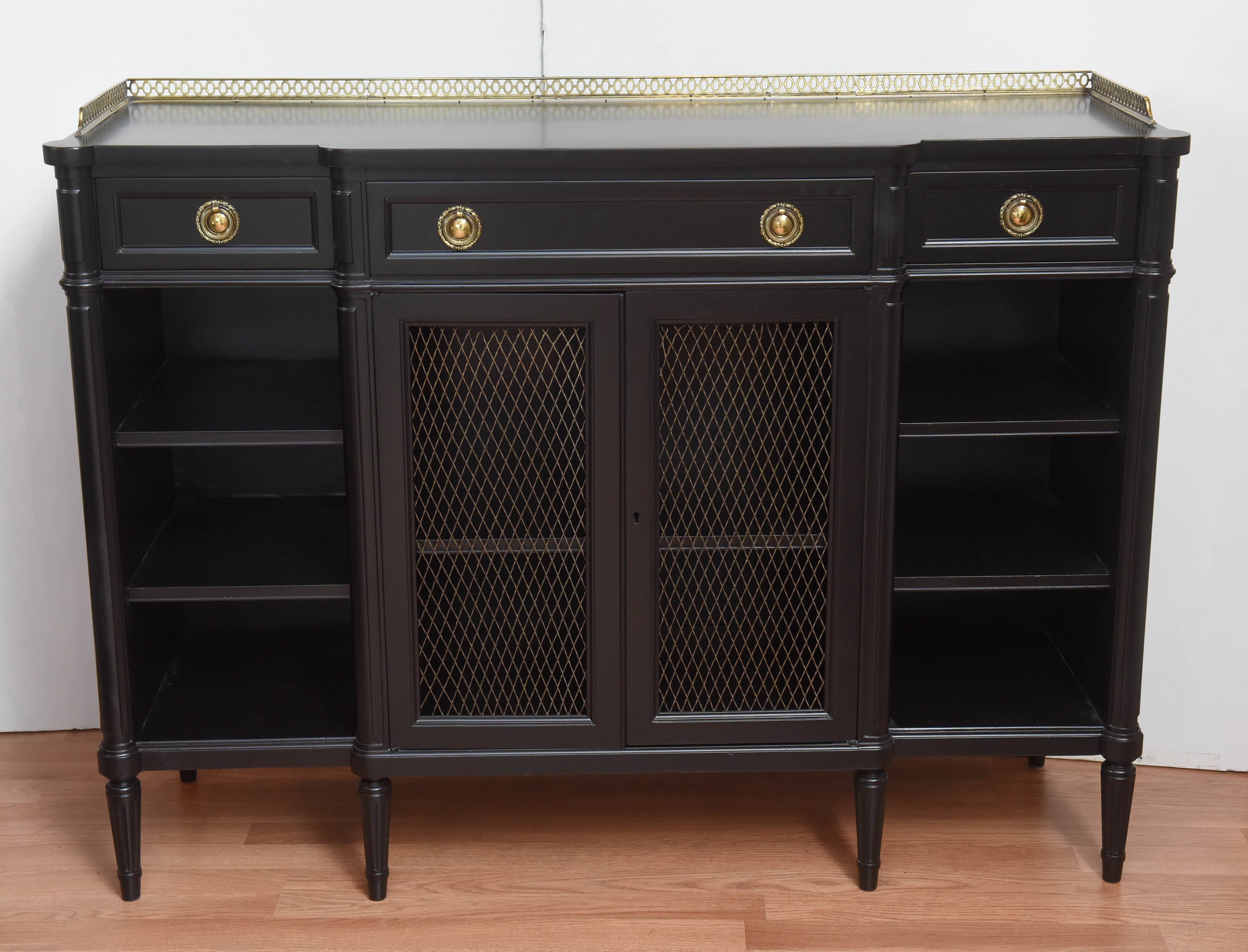 Directoire style buffet/server with brass chicken wire doors, brass hardware and gallery.