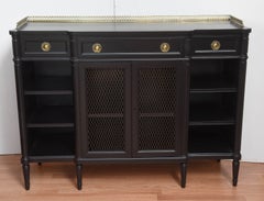 Directoire Style Black Lacquered Cabinet with Brass Pulls and Gallery