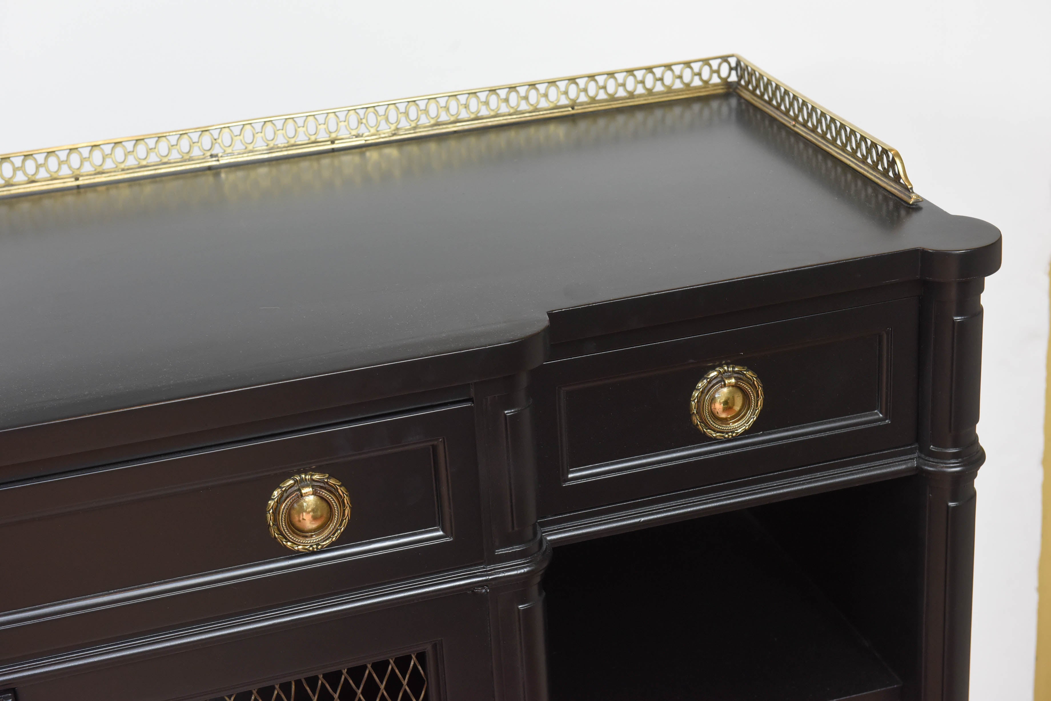 Directoire Style Black Lacquered Cabinet with Brass Pulls and Gallery In Good Condition In West Palm Beach, FL