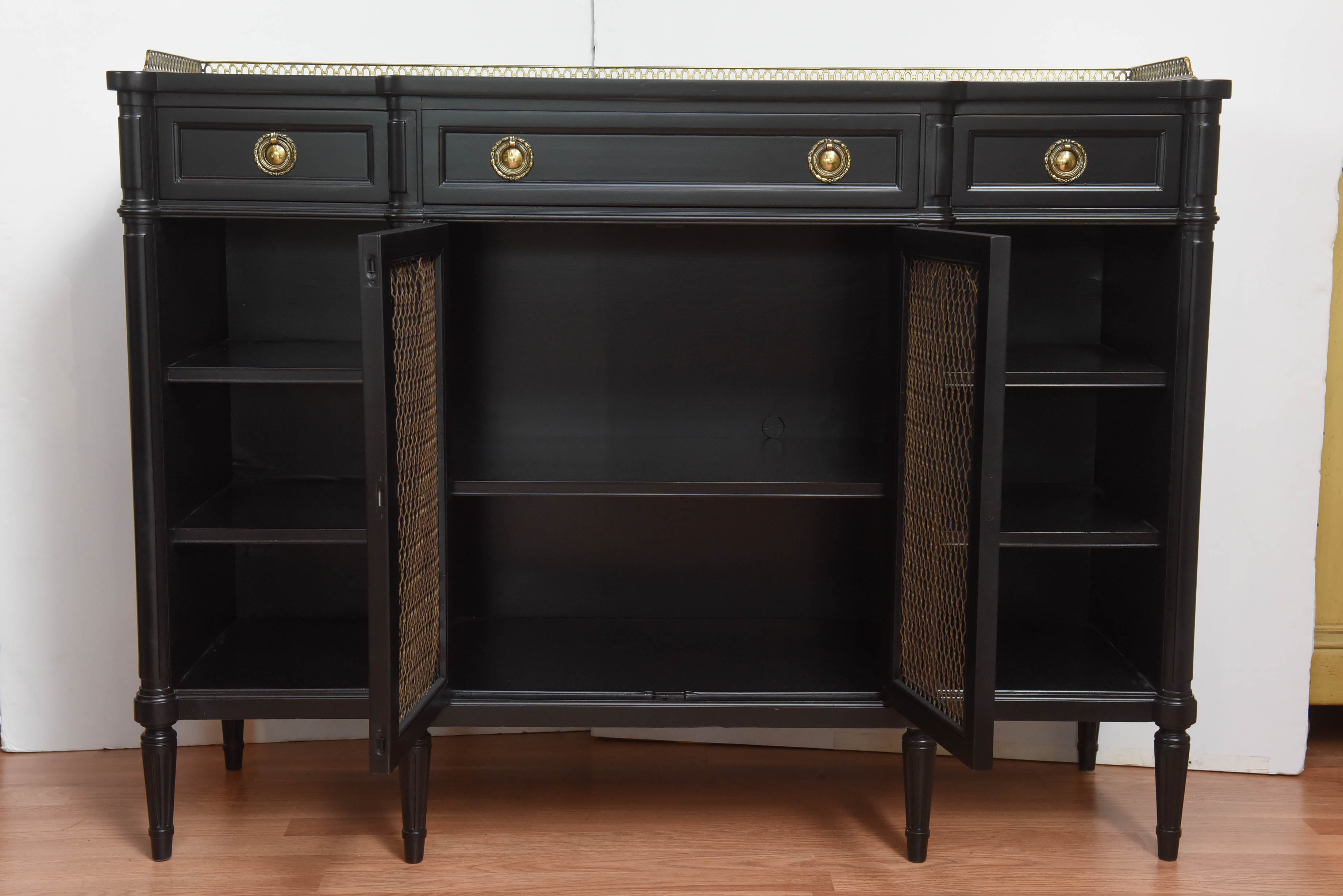 20th Century Directoire Style Black Lacquered Cabinet with Brass Pulls and Gallery