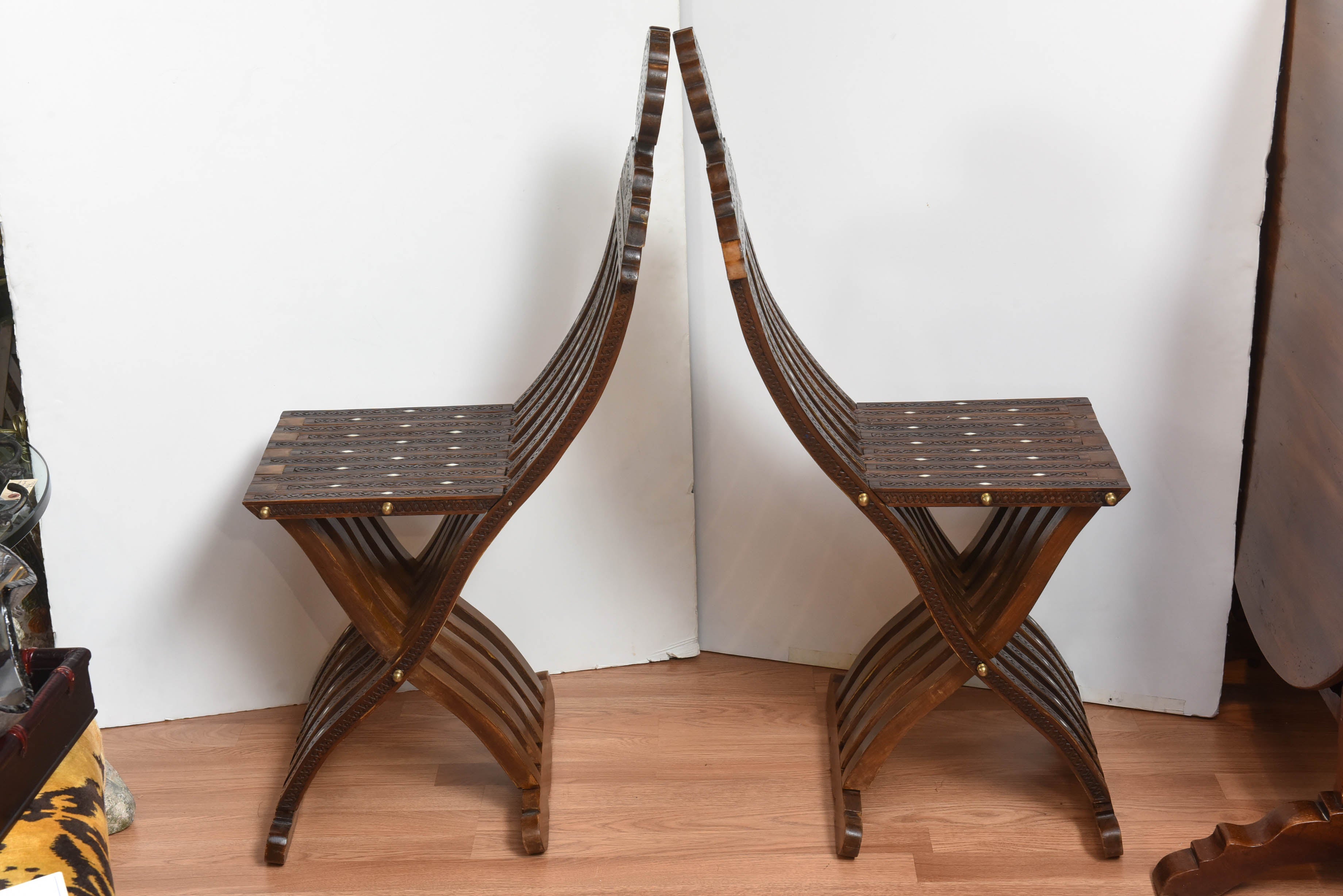 Pair of 19th Century Syrian Folding Chairs with Mother-of-Pearl Inlays 1