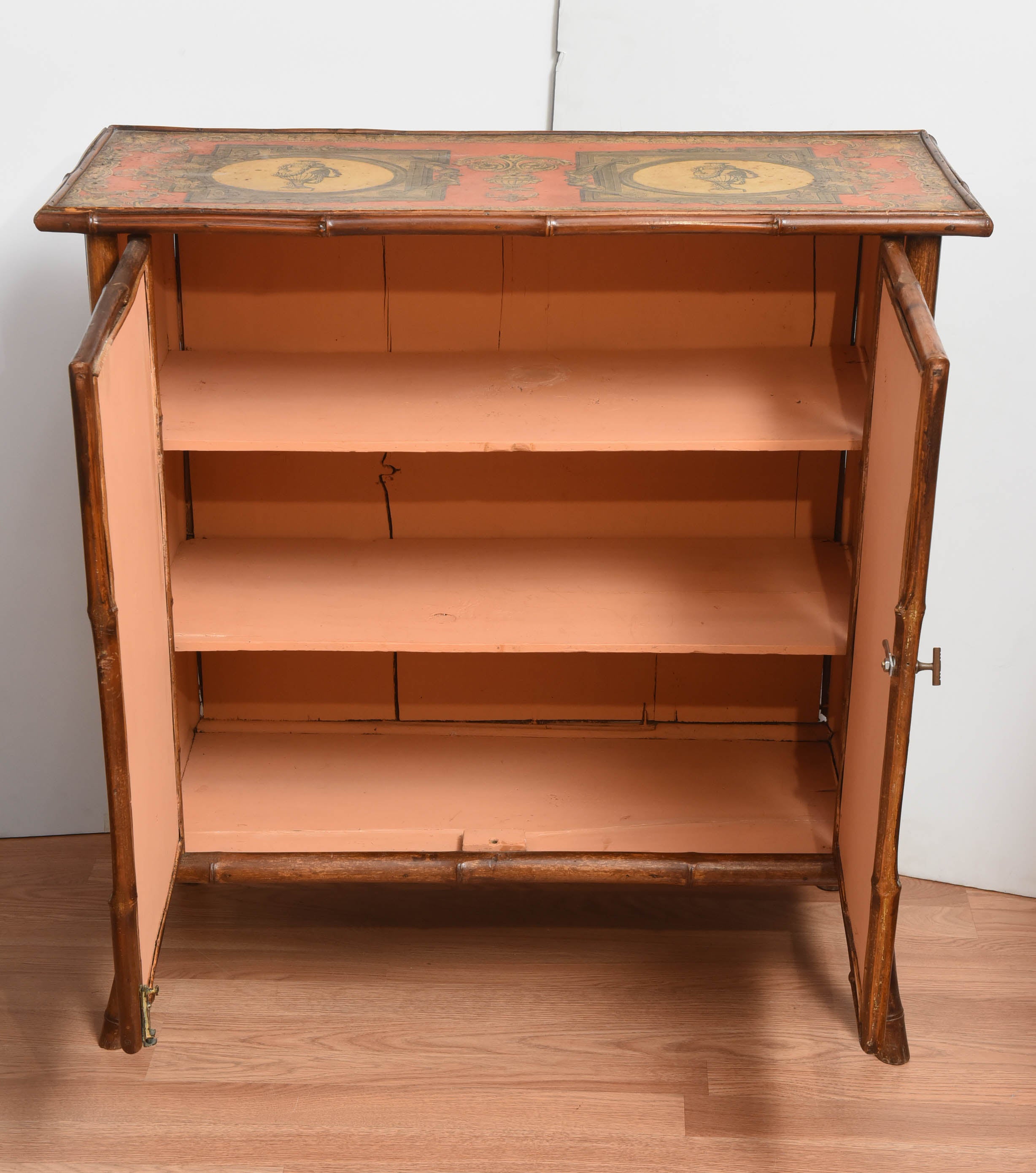 Antique Bamboo Cabinet with Decoupage Décor In Good Condition In West Palm Beach, FL