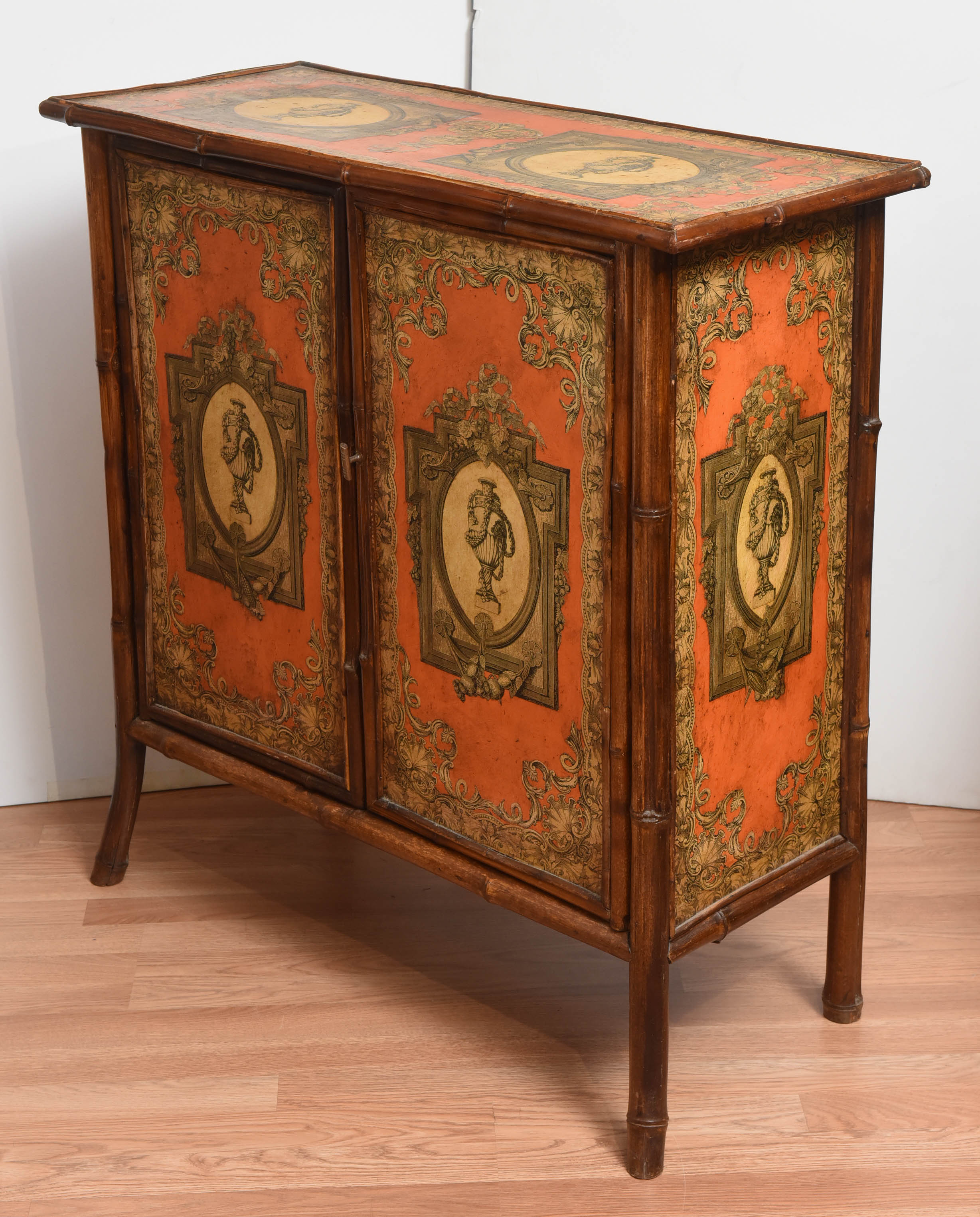 19th Century Antique Bamboo Cabinet with Decoupage Décor